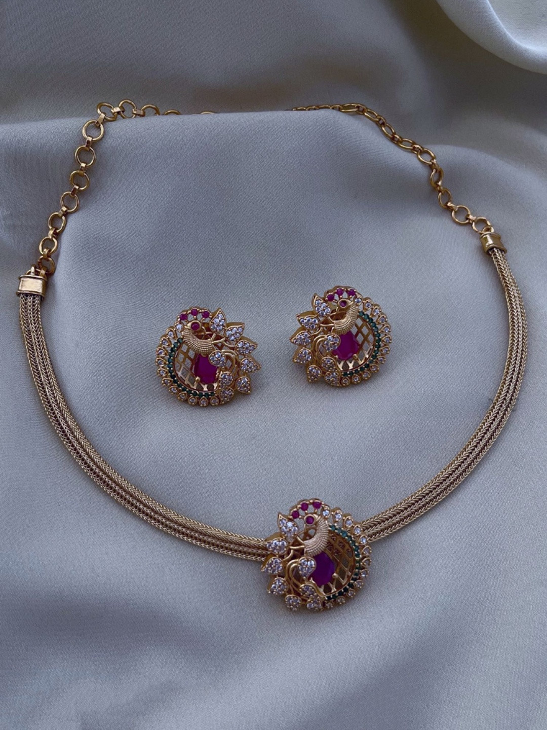 TEEMEX Gold-Plated Stone Studded & Beaded Jewellery Set