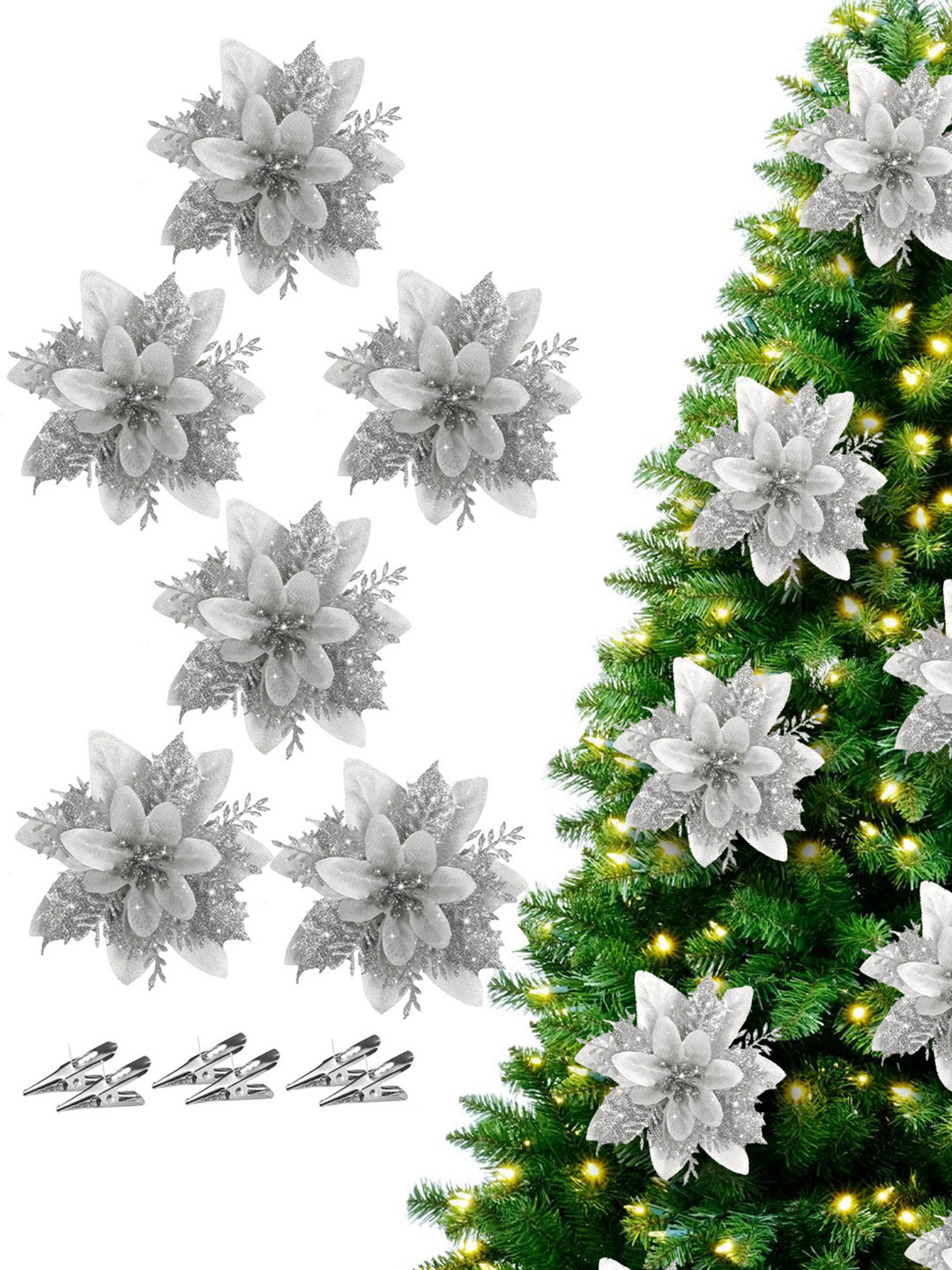 TIED RIBBONS Set of 6 Sliver & White Artificial Poinsettia Flower With Clip