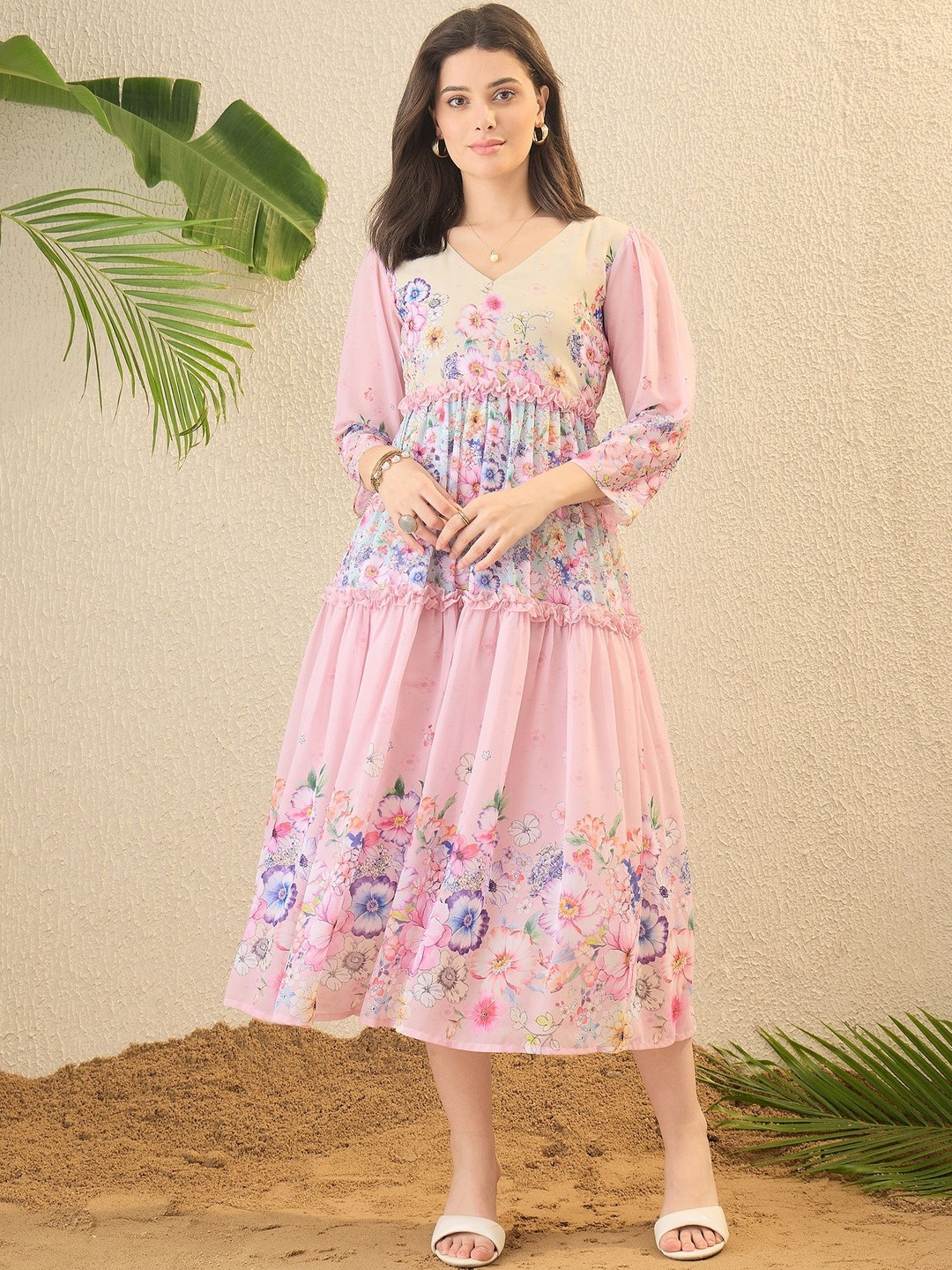 OCTICS Floral Print Georgette Fit & Flare Midi Dress