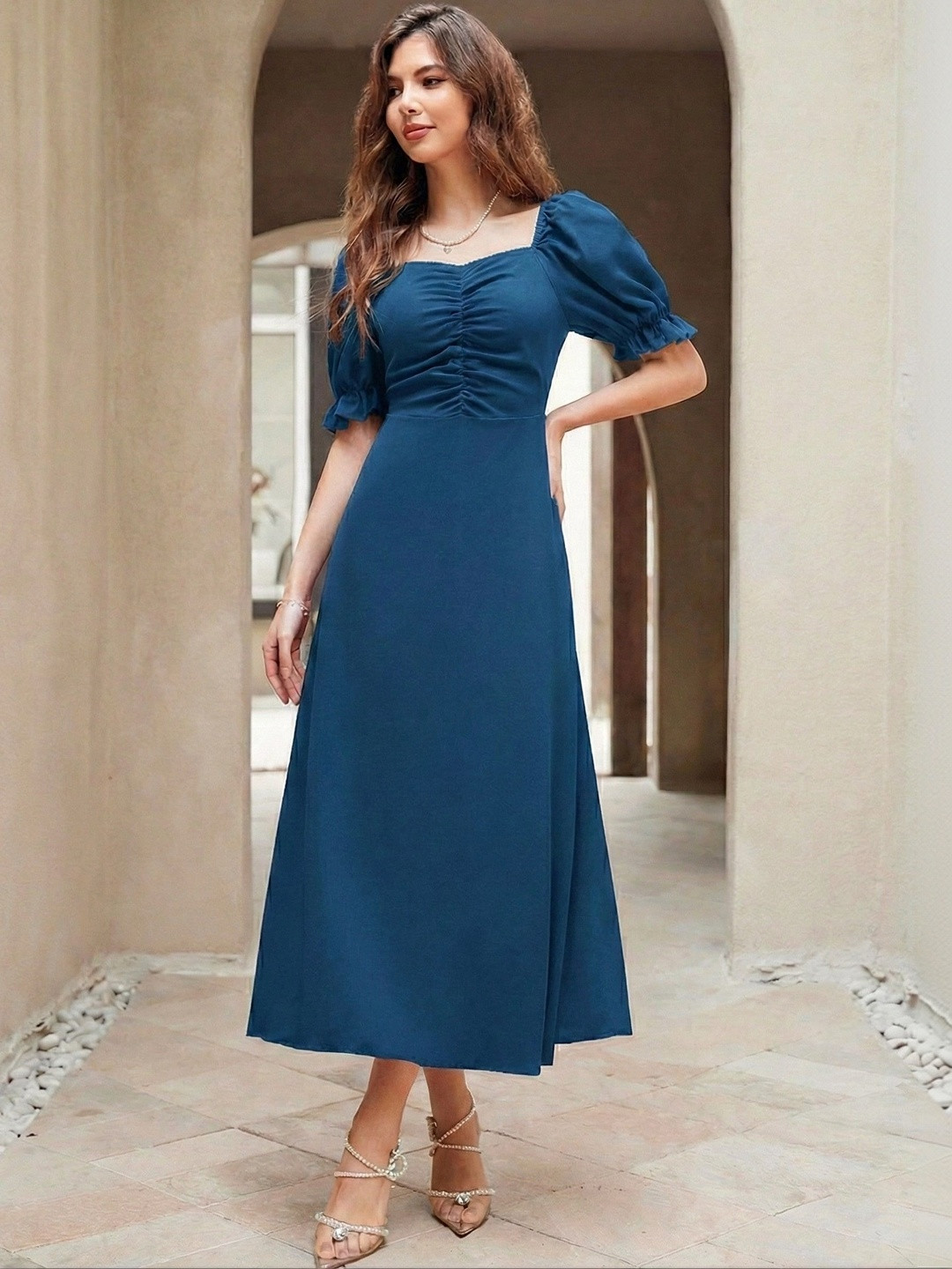 SHYAM SUNDARI Puff Sleeve Fit & Flare Midi Dress