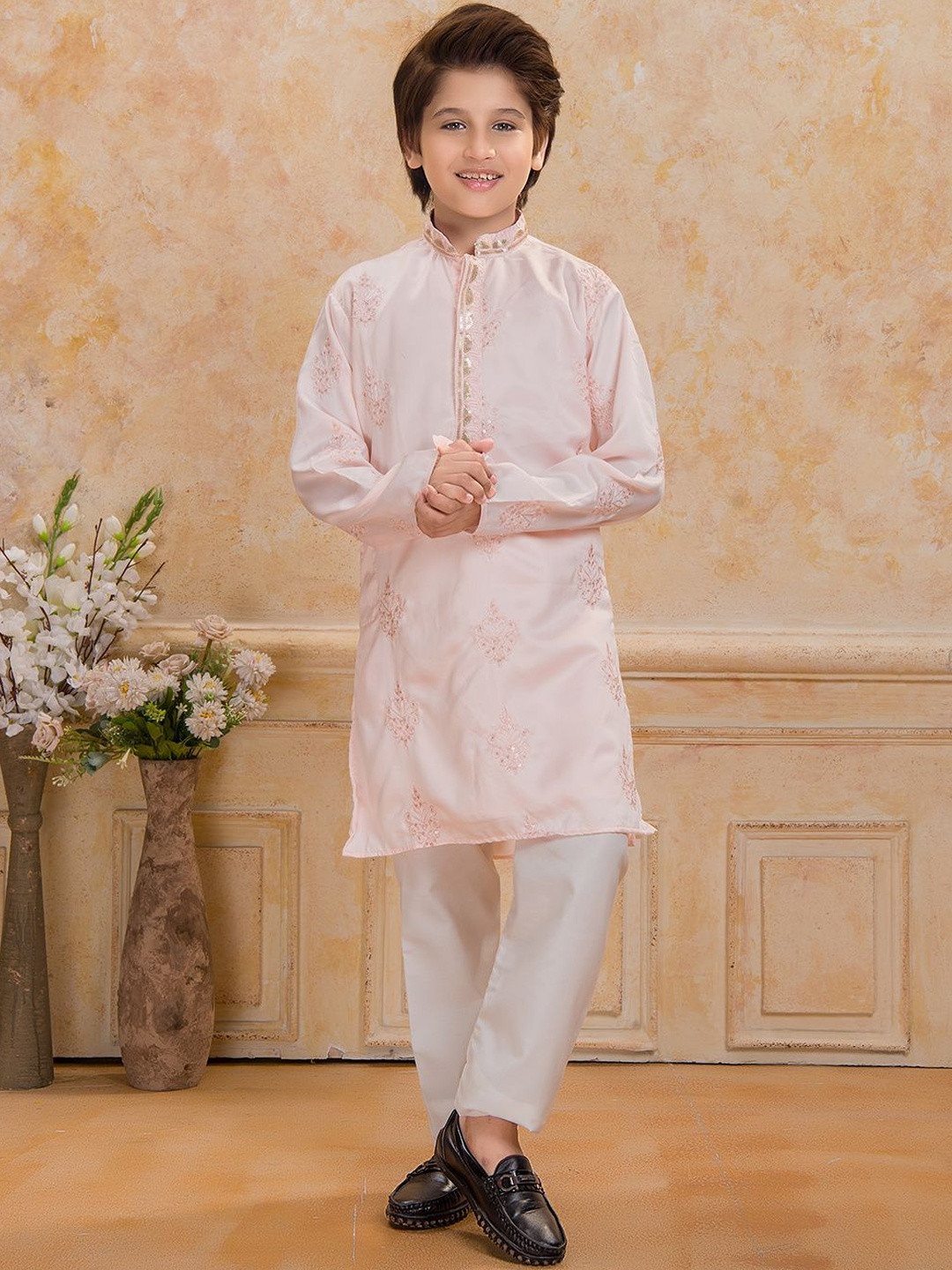 Ministitch Sequinned Embroidered Ethnic Motifs Woven Kurta Pyjama Set