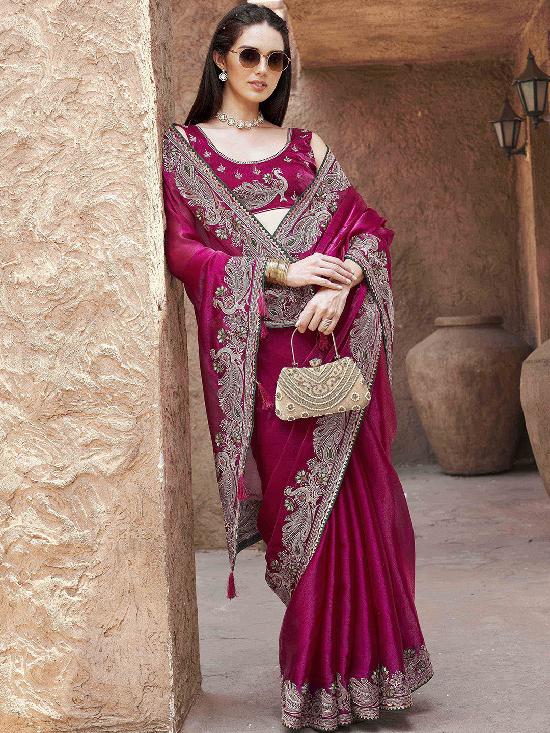 Saturn Creation Ethnic Motifs Embroidered Pure Chiffon Heavy Work Saree