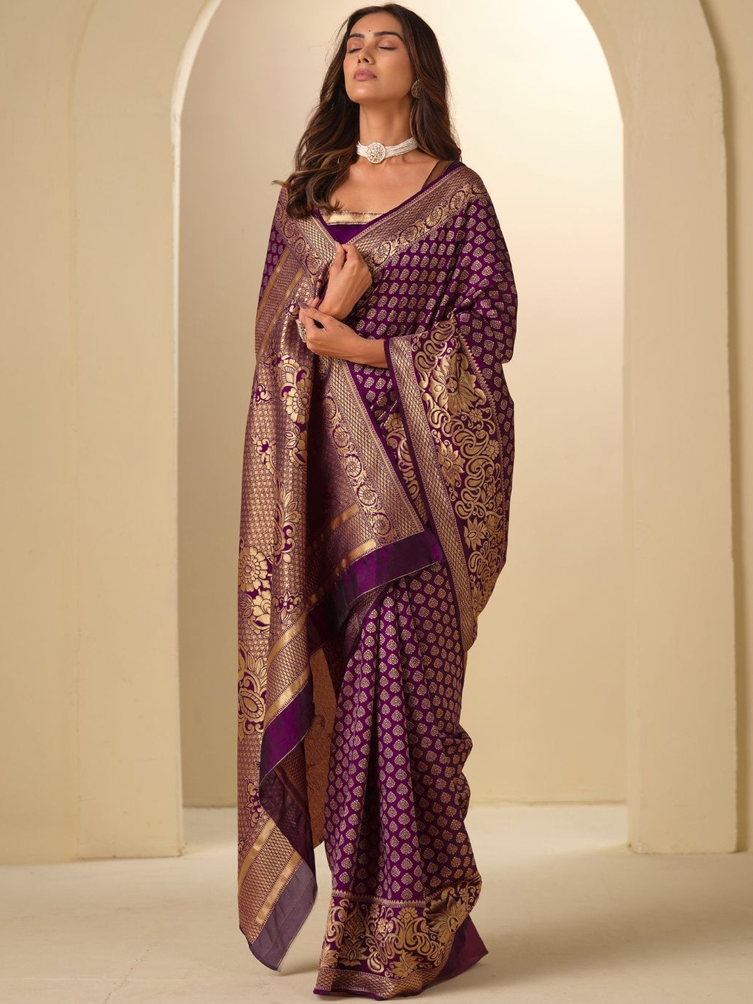 KALINI Ethnic Motifs Zari Silk Blend Banarasi Saree