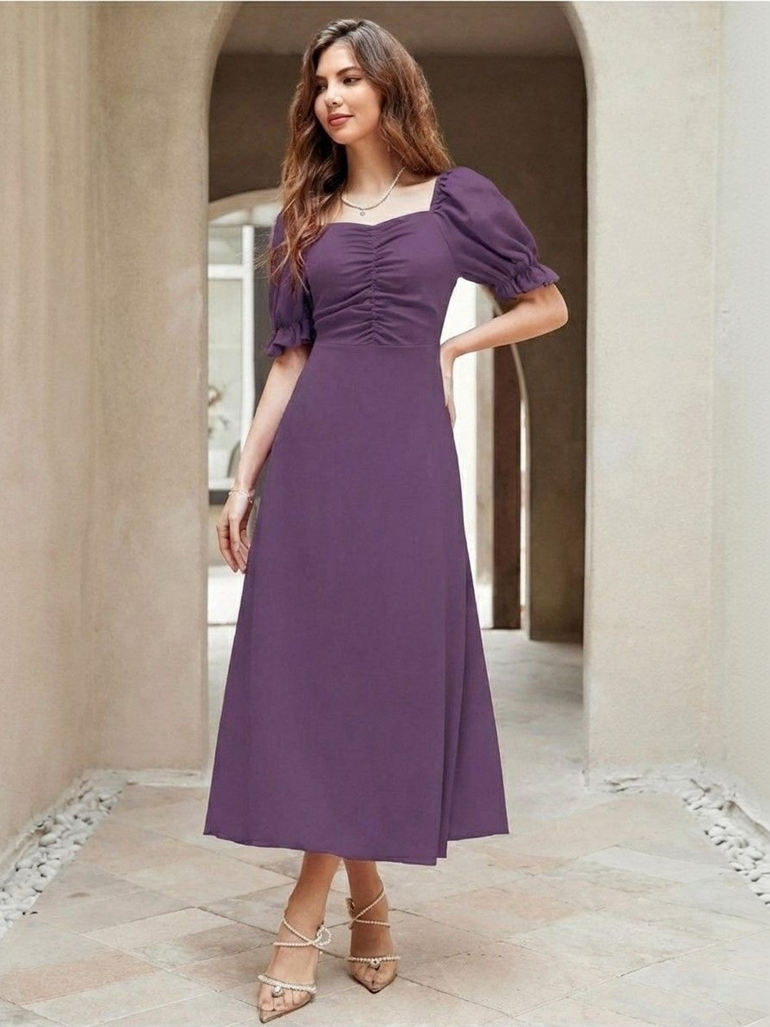 SHYAM SUNDARI Puff Sleeve A-Line Midi Dress