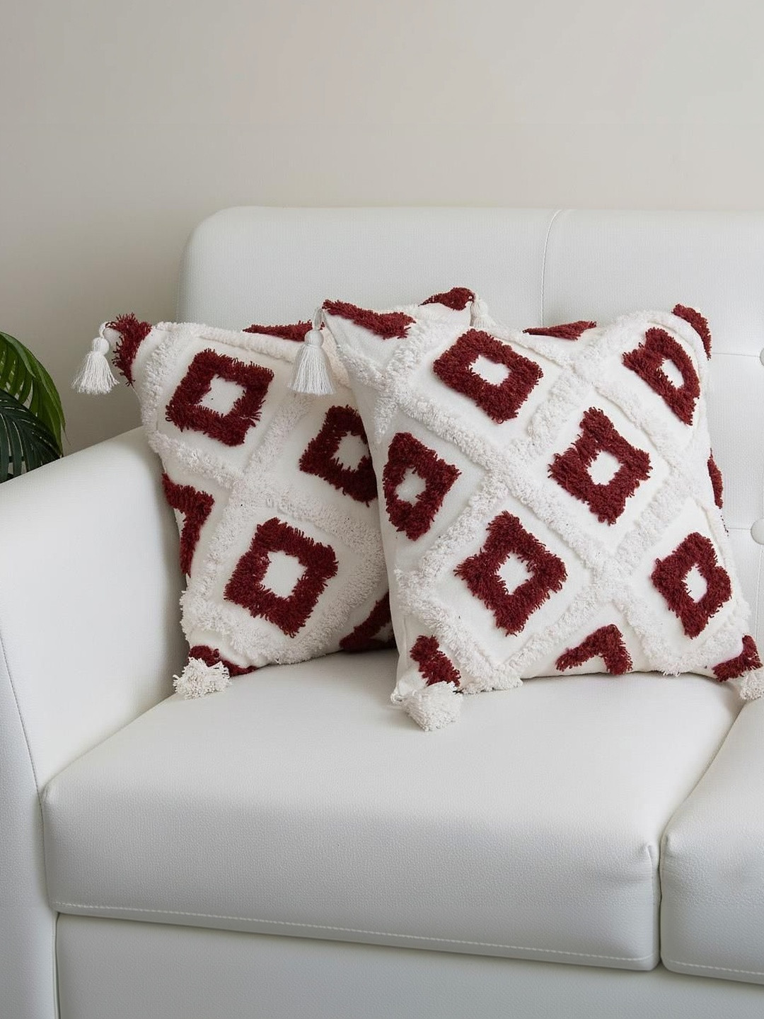 DMAASA White & Red Set of 2 Checked Square Cushion Covers