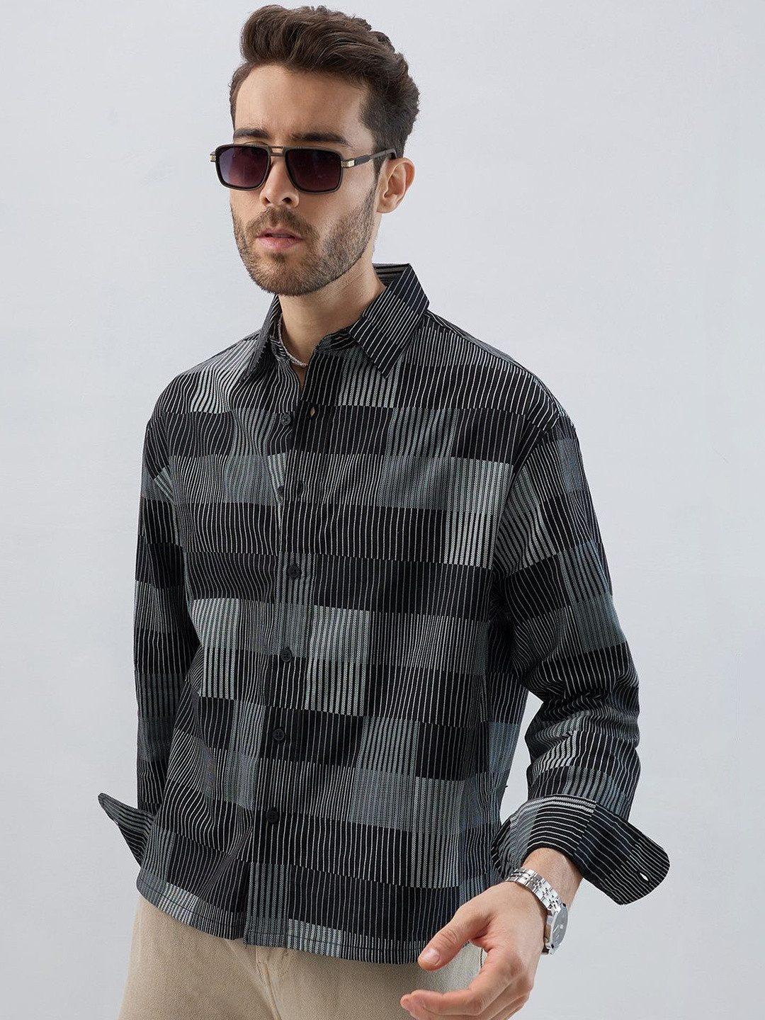 VASTRADO Distinguished Monochrome Geometric Cotton Long Sleeves Boxy Fit Shirt
