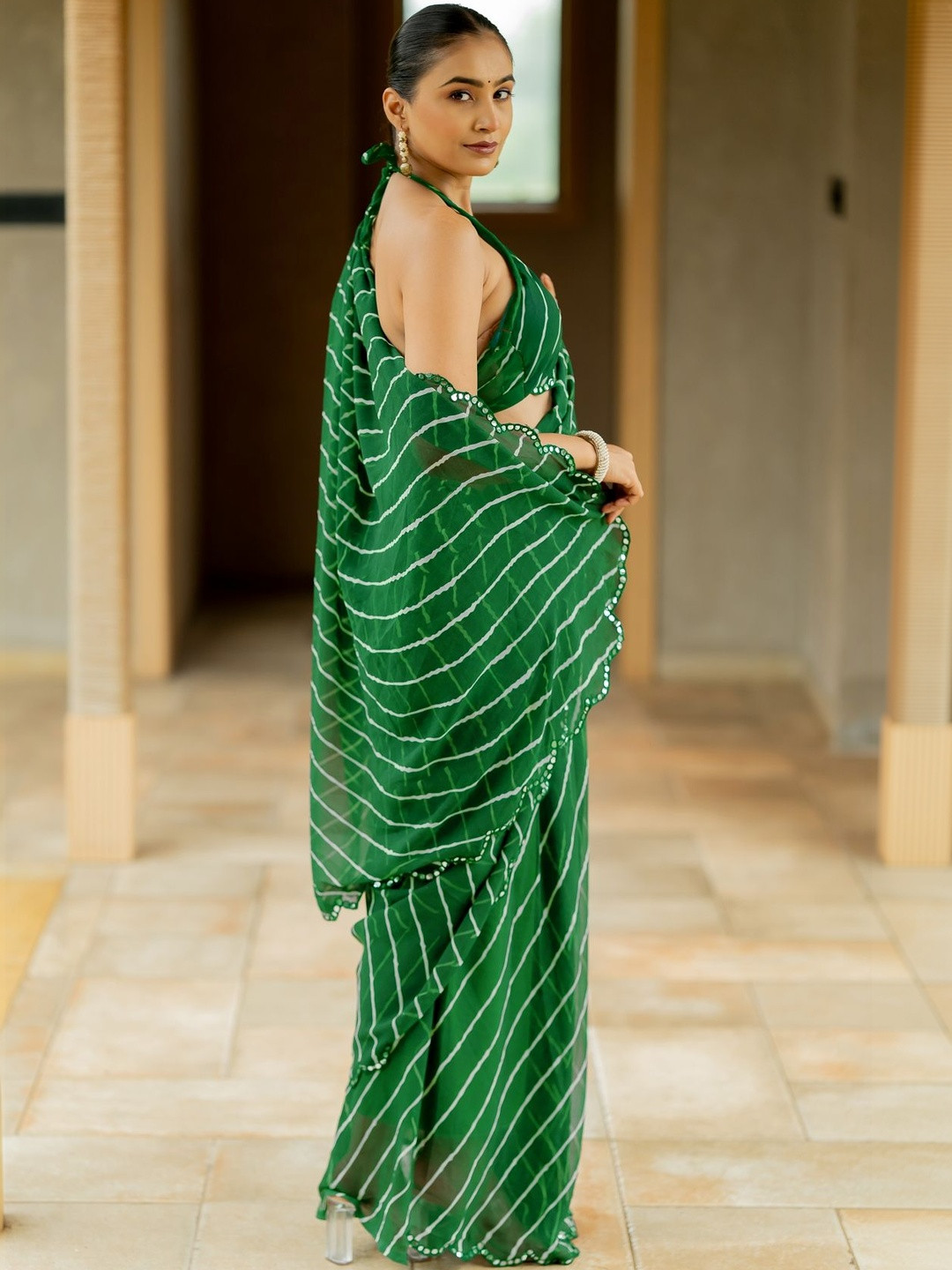 KALINI Leheriya Sequinned Poly Georgette Leheriya Saree