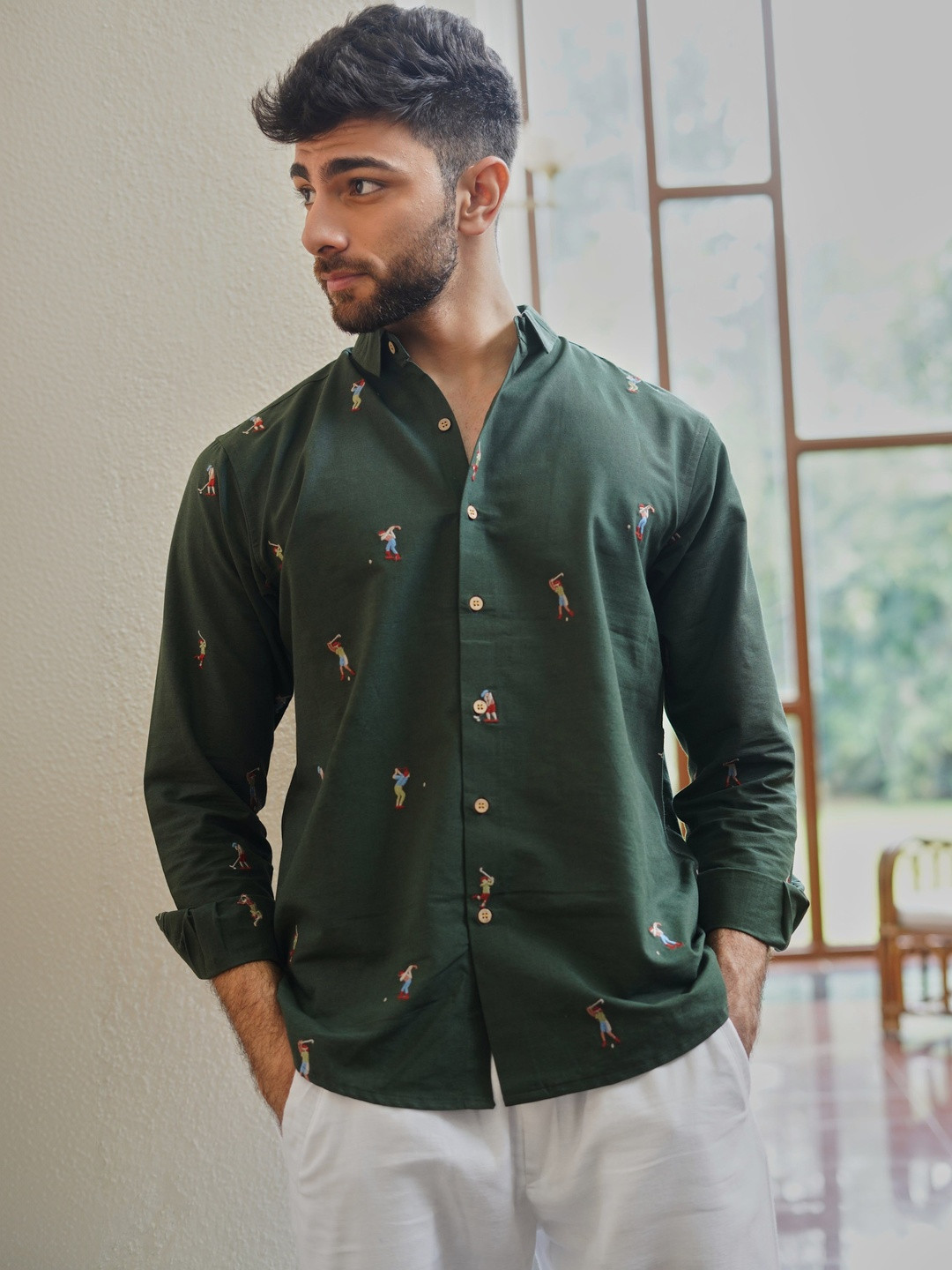 HAMPTONS Golf Player Motif Cotton Regular Fit Green Embroidered Shirt