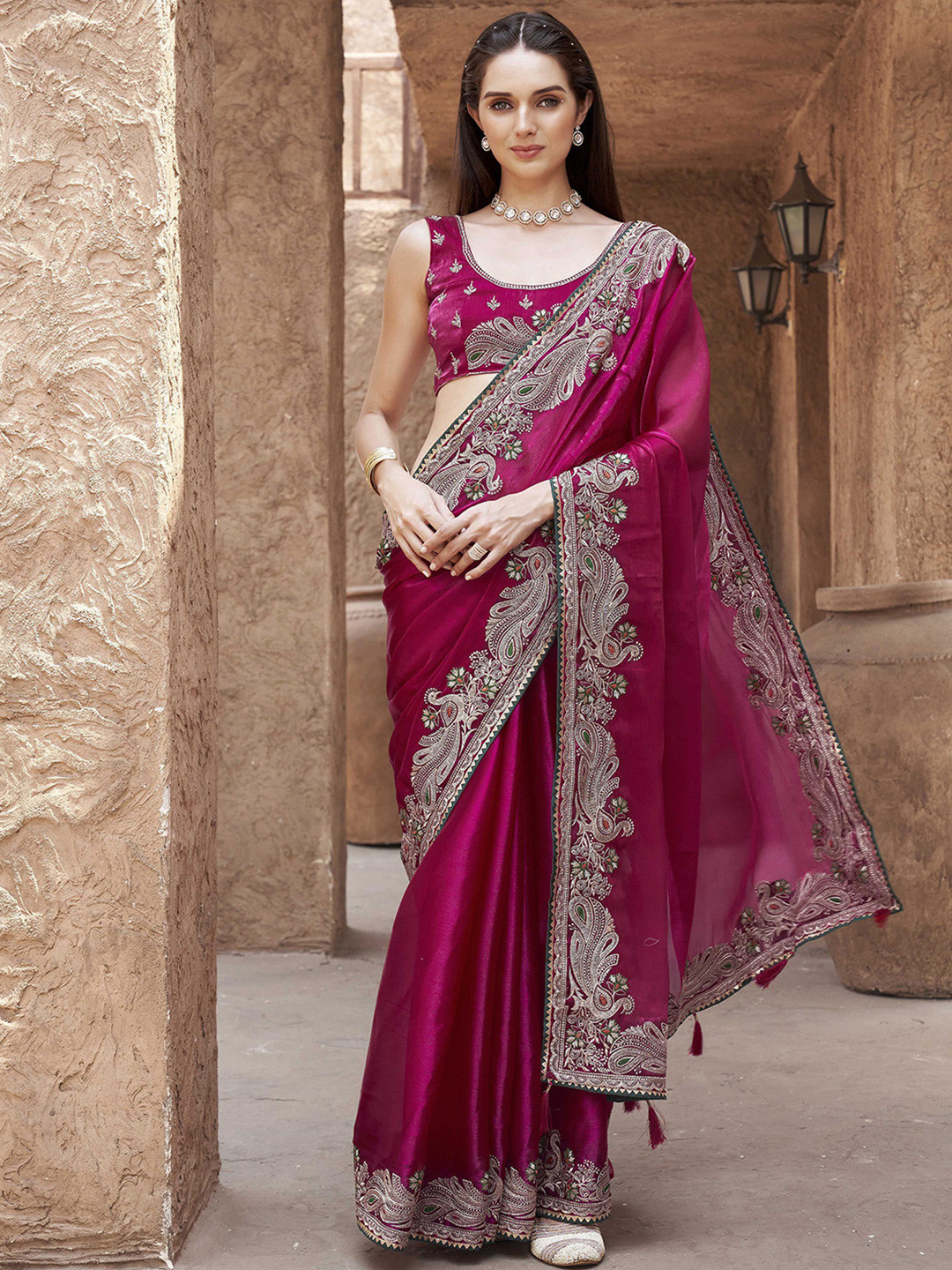Hippon Kurti Ethnic Motifs Embroidered Pure Chiffon Heavy Work Saree