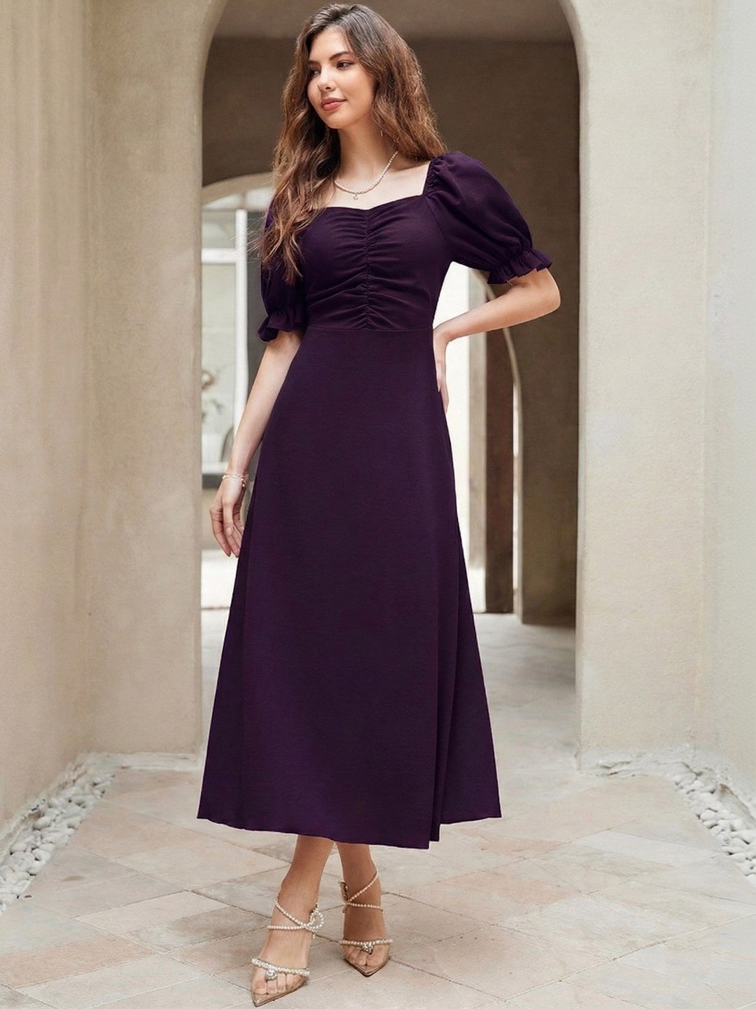 SHYAM SUNDARI Puff Sleeve A-Line Midi Dress