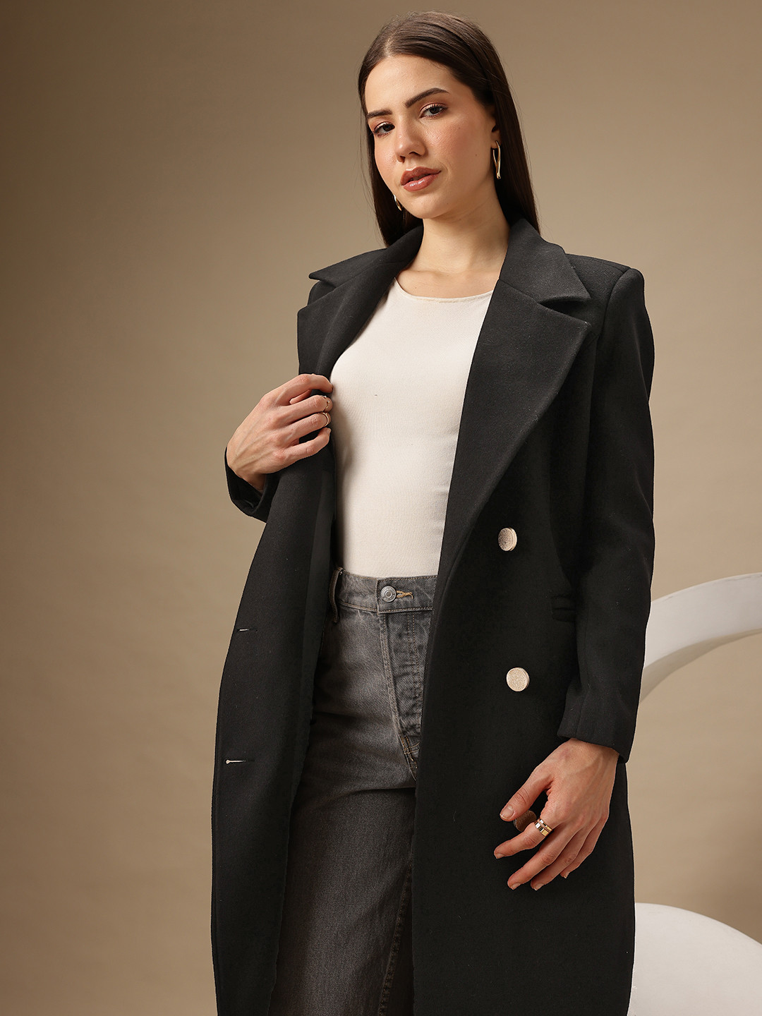 Chemistry Notched Lapel Double Breasted Knee Length Overcoat