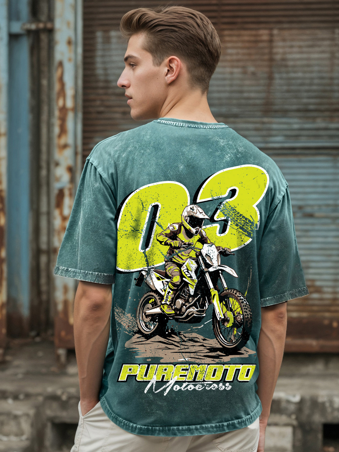 Bewakoof Men Dark Sea Green Pure Moto Graphic Printed Oversized Acid Wash T-shirt