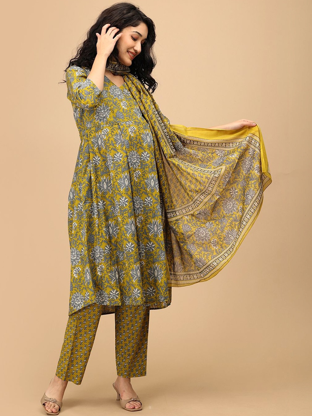 The Mom Store Floral Printed Tiered Kurta Trouser Set With Dupatta