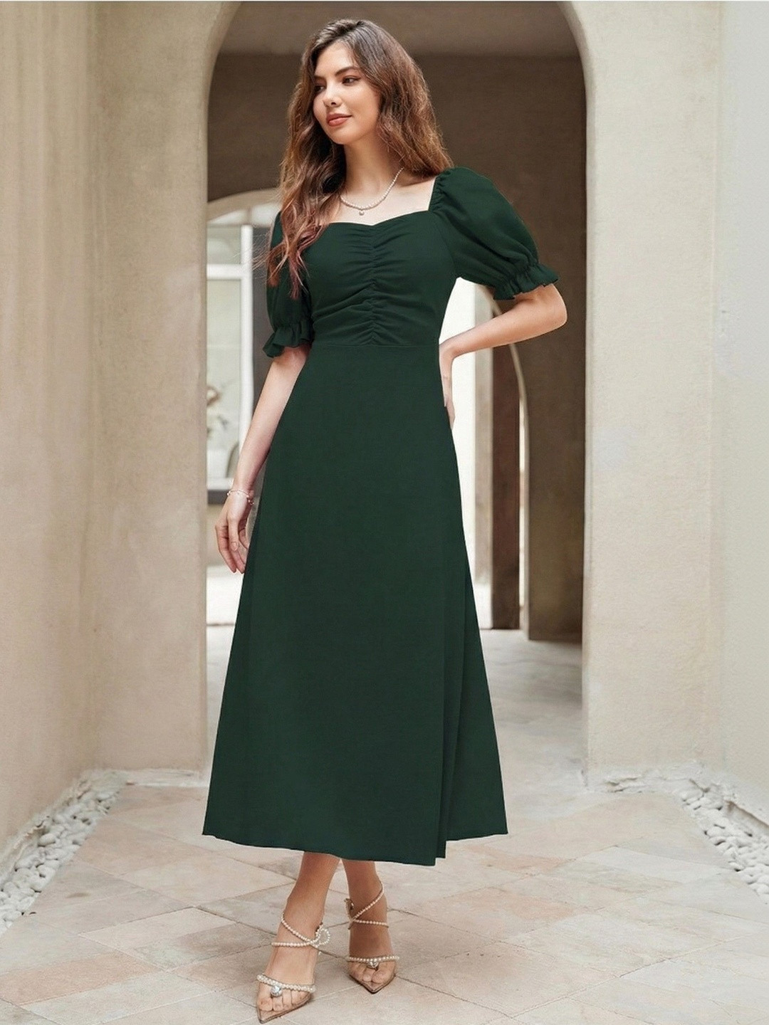 SHYAM SUNDARI Puff Sleeve A-Line Midi Dress