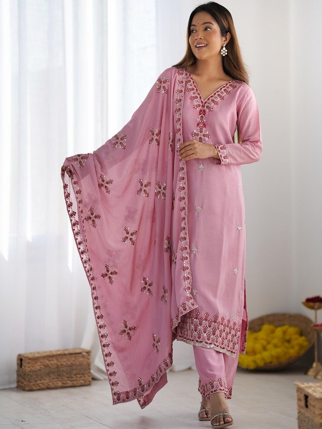 ZONFAB Women Ethnic Motifs Embroidered Regular Sequinned Kurta with Trousers & With Dupatta