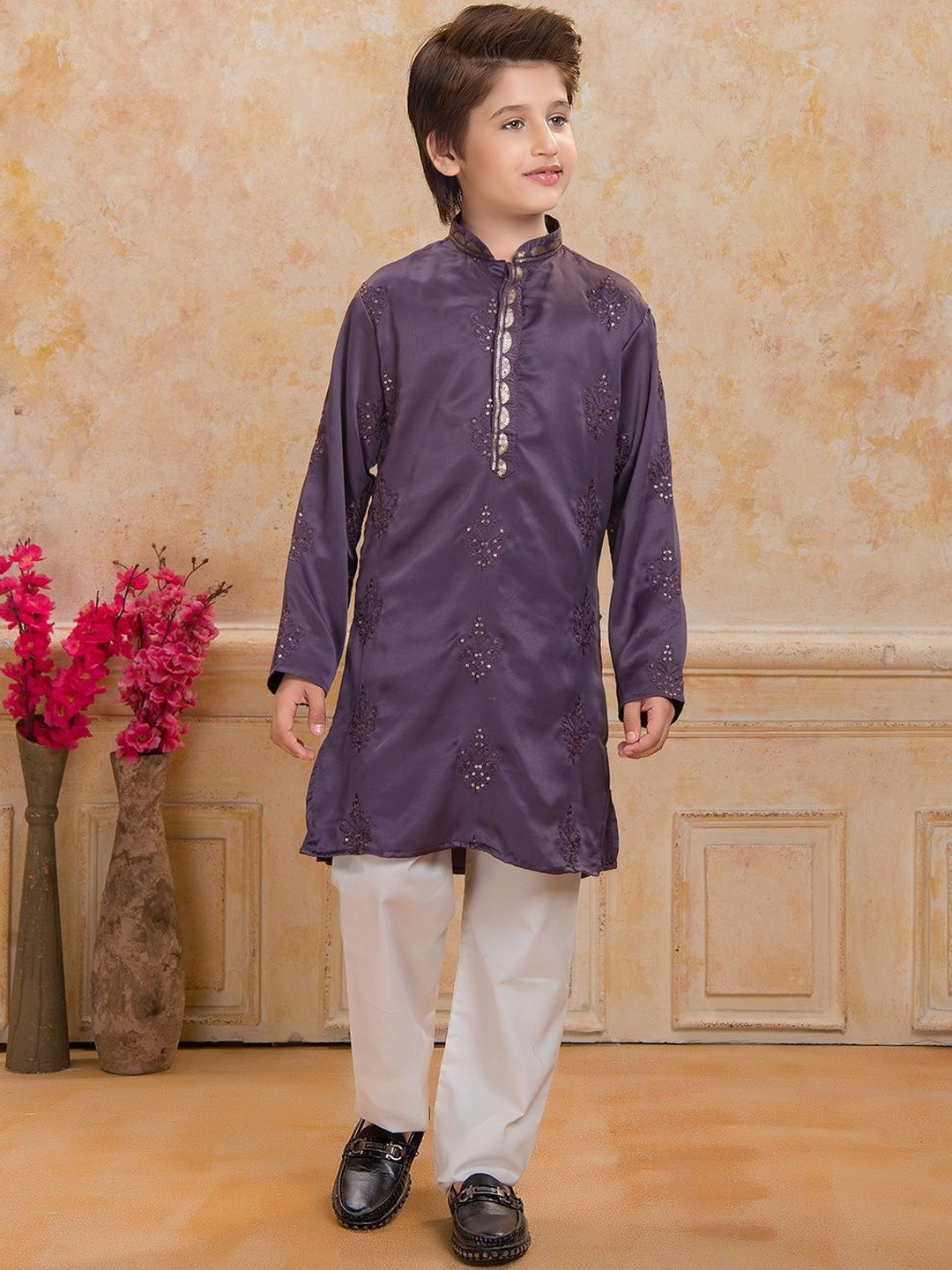 Ministitch Embroidered Aari Woven Work Kurta Pyjama Set