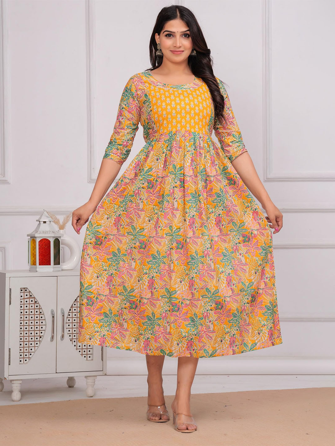 ANUOM Yellow Floral Print Maternity Midi Dress