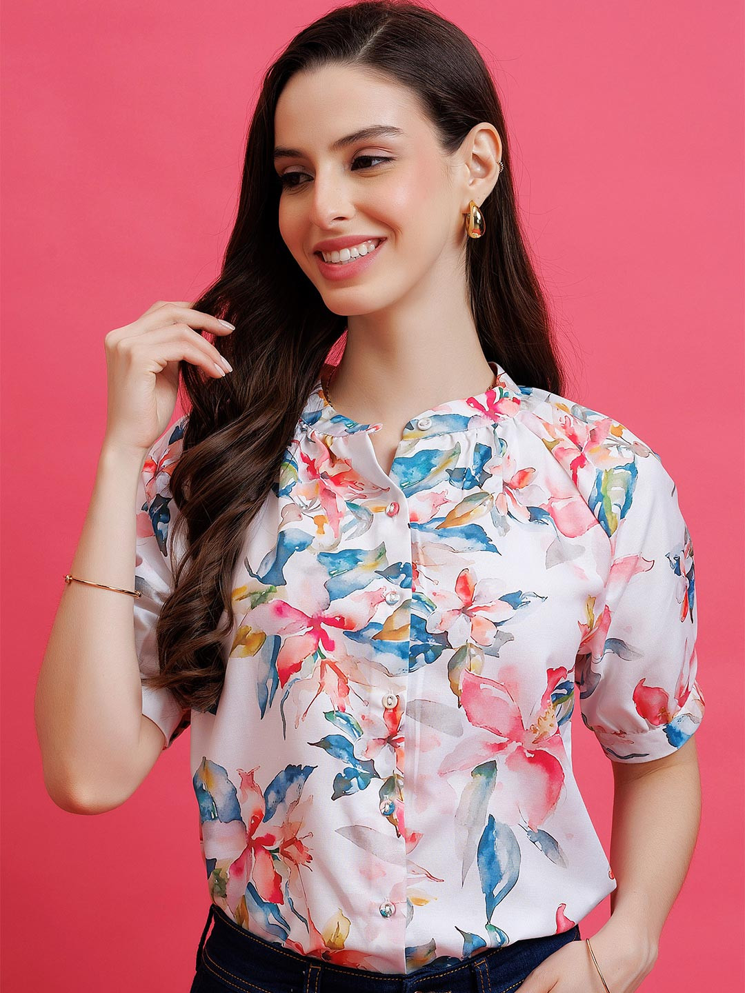 PURYS Floral Print Mandarin Collar Top