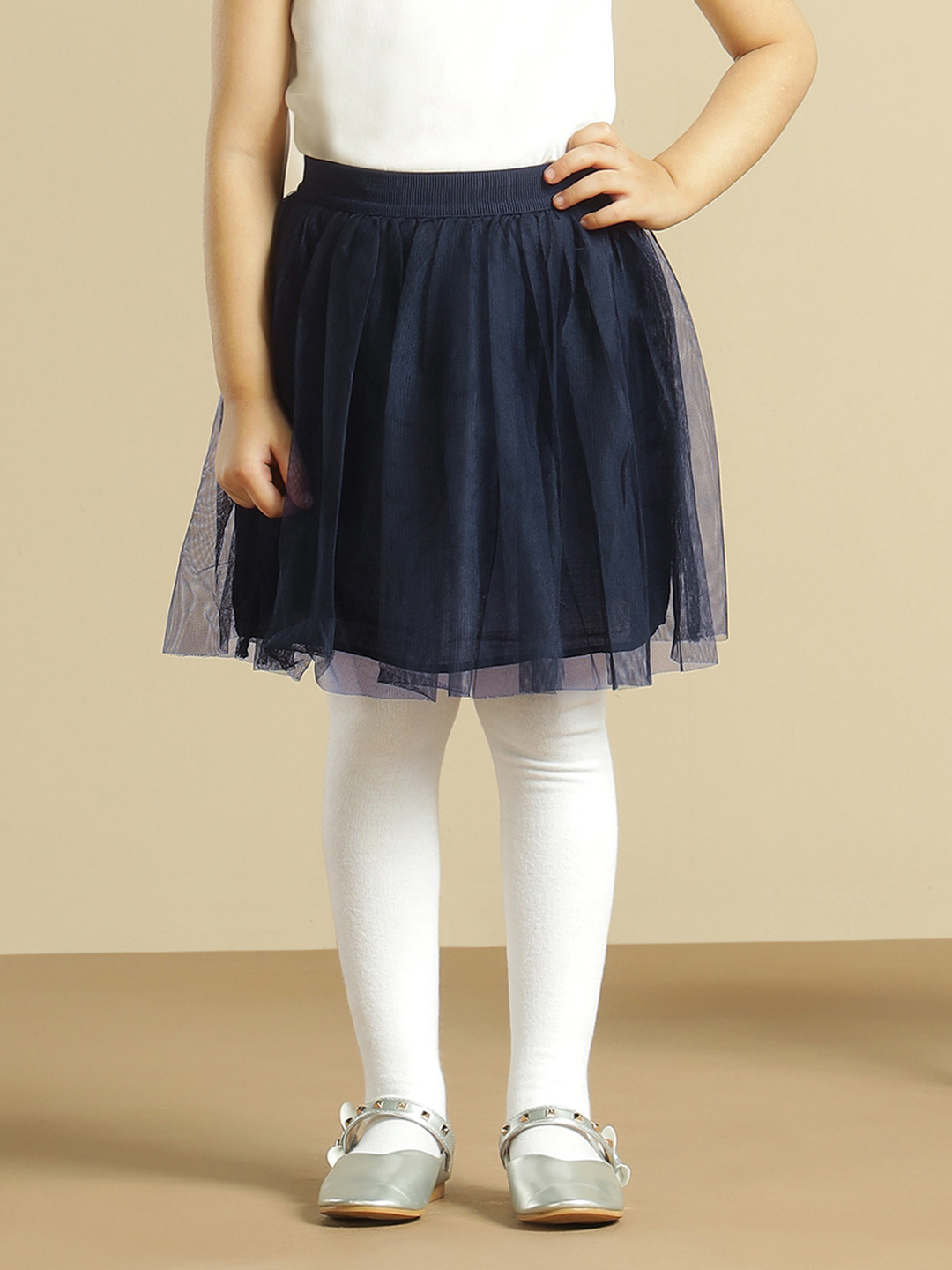 Miyo Girls Navy Blue Solid Flared Mini Skirt