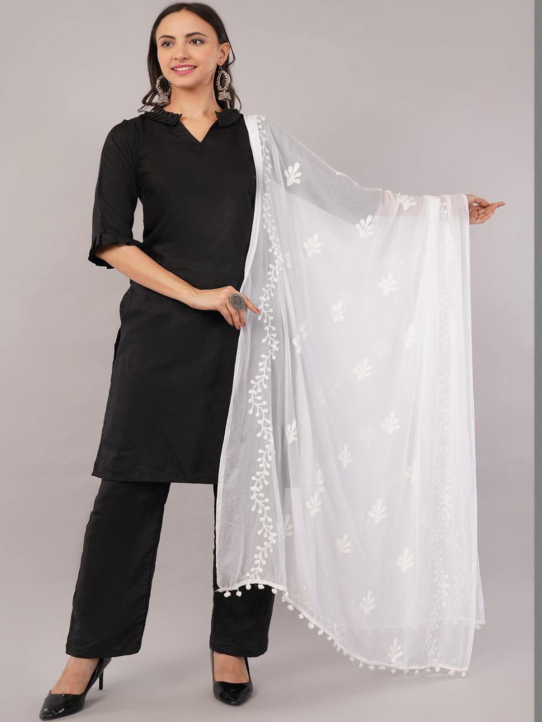 IVAARA Women Chiffon Dyable Floral Embroidered Thread Work Dupatta