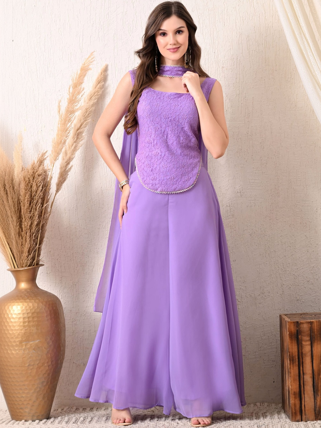 V&M Embroidered Square Neck Top & Flared Palazzos With Dupatta Co-Ords