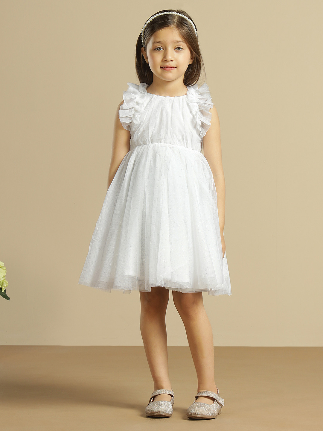 Miyo Girls Flutter Sleeve Ruffled Tulle Fit & Flare Midi Dress