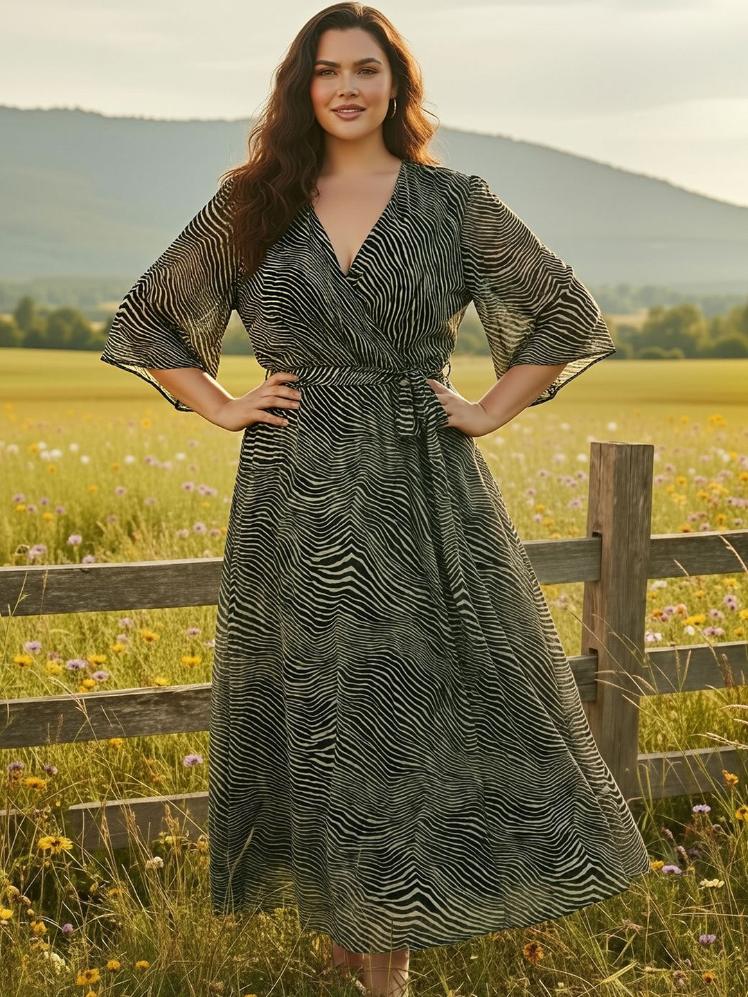 Globus Gloplus V-Neck Abstract Print Waist Tie-Up Plus Size Maxi Wrap Dress