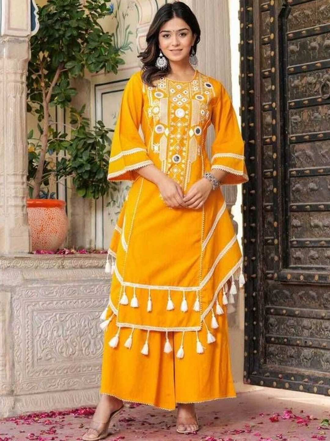WOMENSIO Women Ethnic Motifs Embroidered Layered Mirror Work Kurta with Palazzos