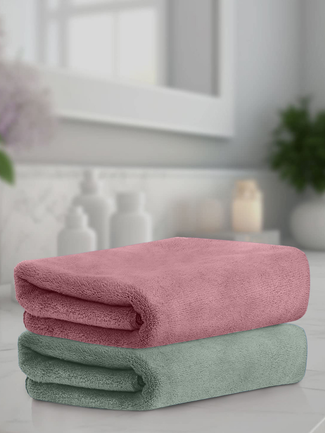 HOUSSE 2-Pcs Olive-Green & Pink 450 GSM Super Absorbent Ultra Soft Hand Towels