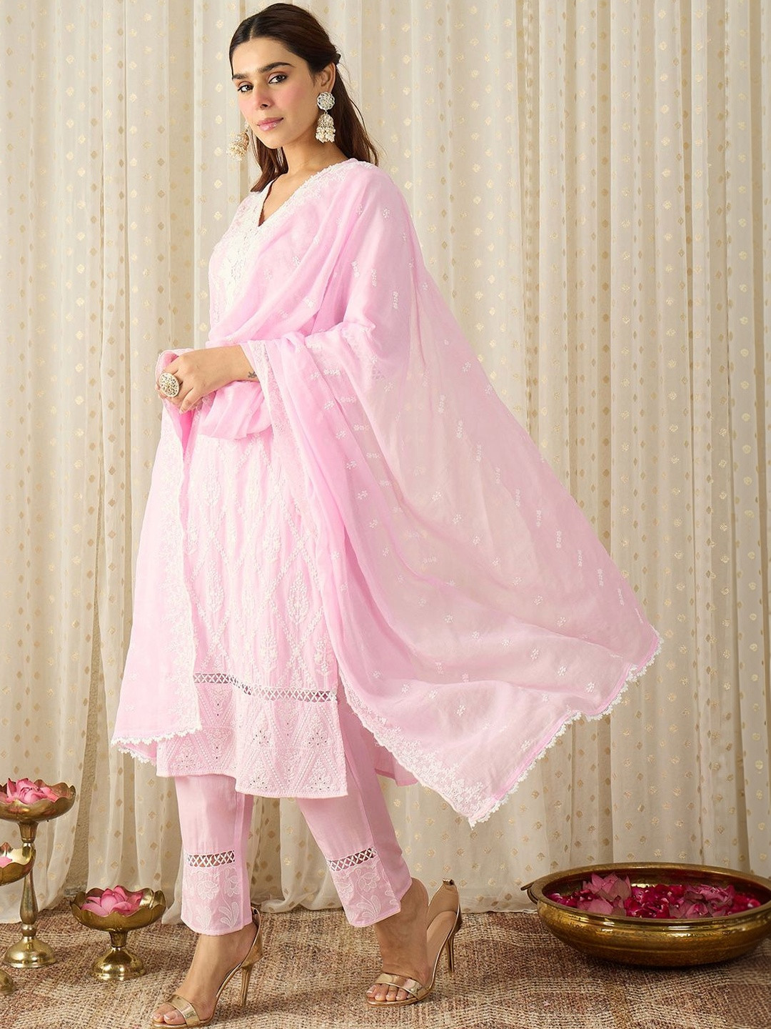 Indo Era Women Ethnic Motifs Embroidered Regular Thread Work Pure Cotton Kurta with Trousers & With Dupatta