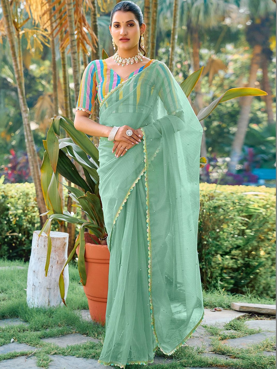 SANISA Embellished Sequinned Supernet Designer Saree
