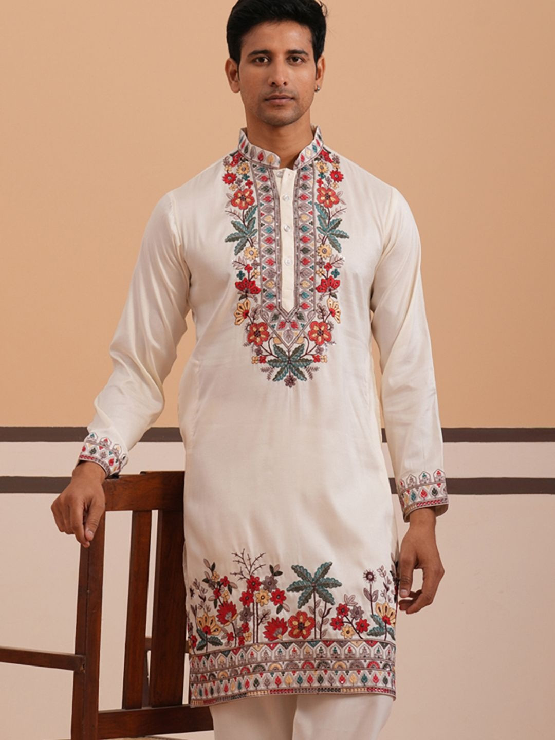 Jompers Men Floral Embroidered Thread Work Indie Florals Kurta