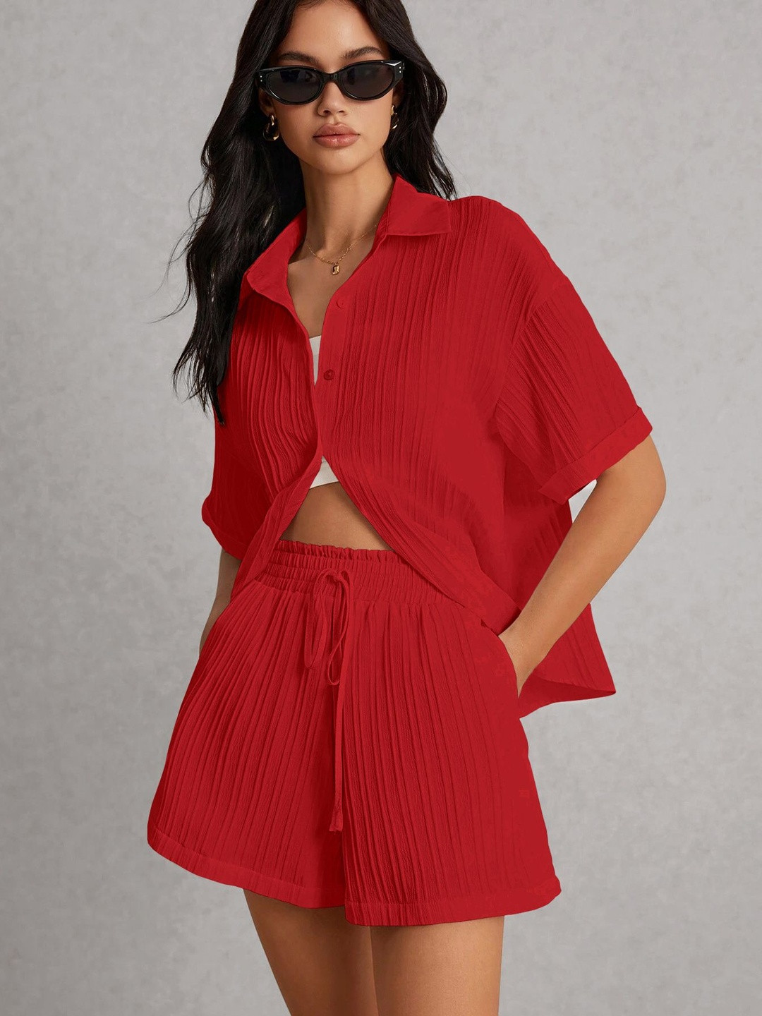 SZN Striped Shirt Collar Neck Short Sleeve Shirt & Short Co-Ords