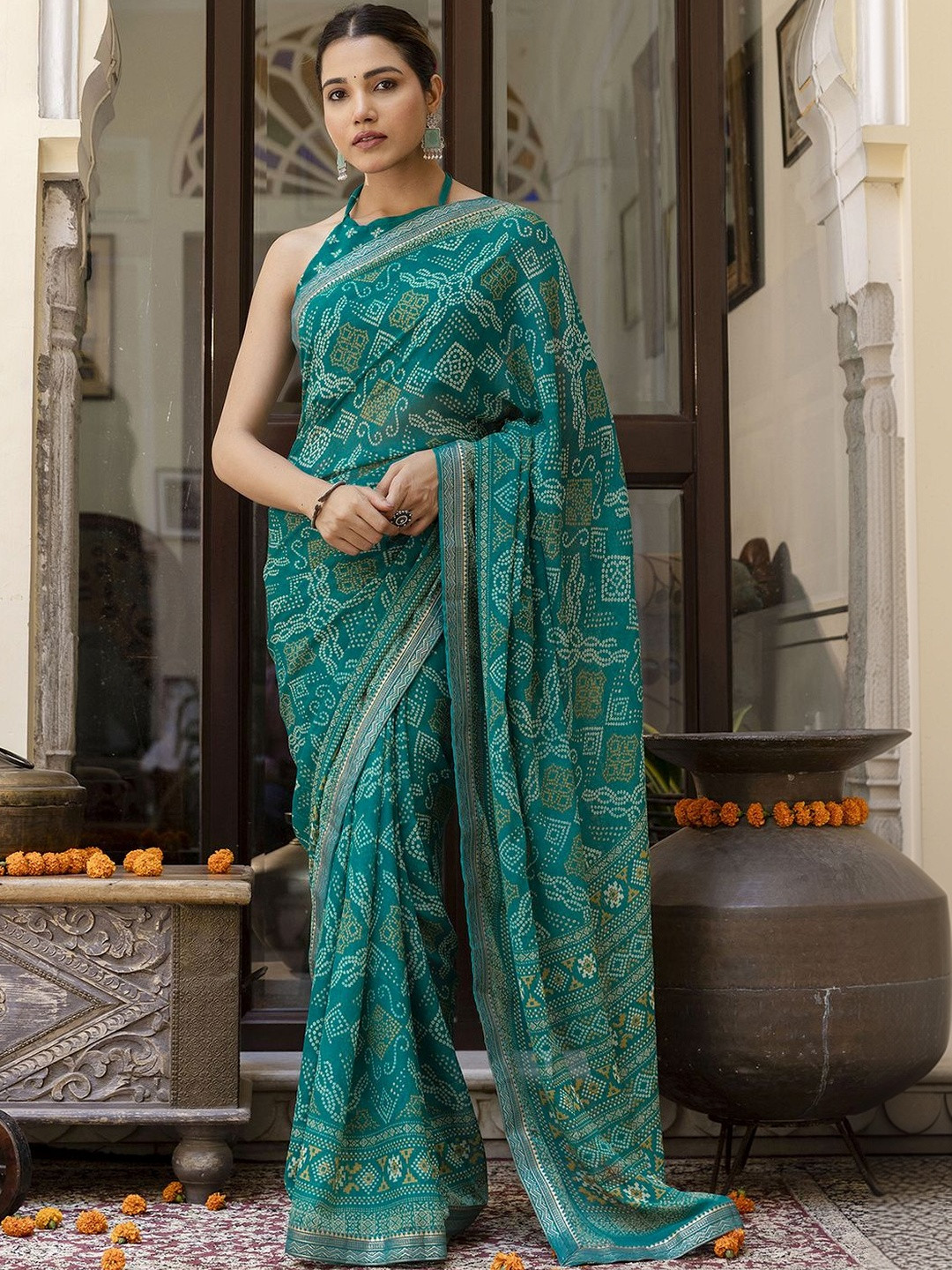 SANISA Bandhani Poly Georgette Saree