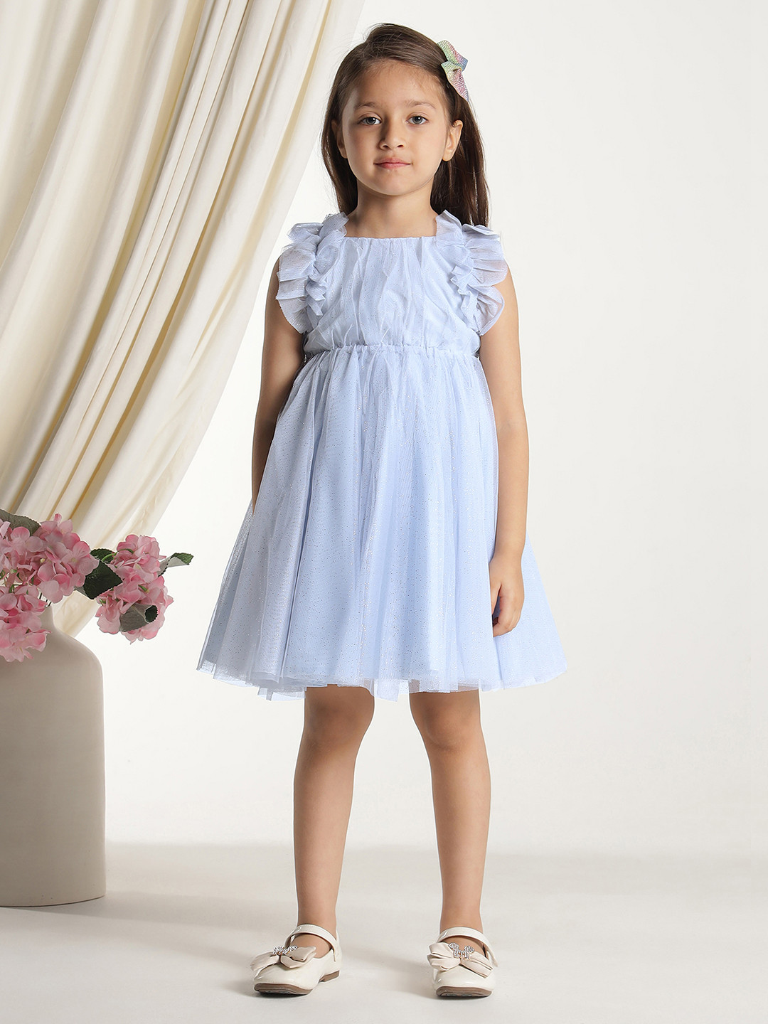 Miyo Girls Round Neck Flutter Sleeve Fit & Flare Dress