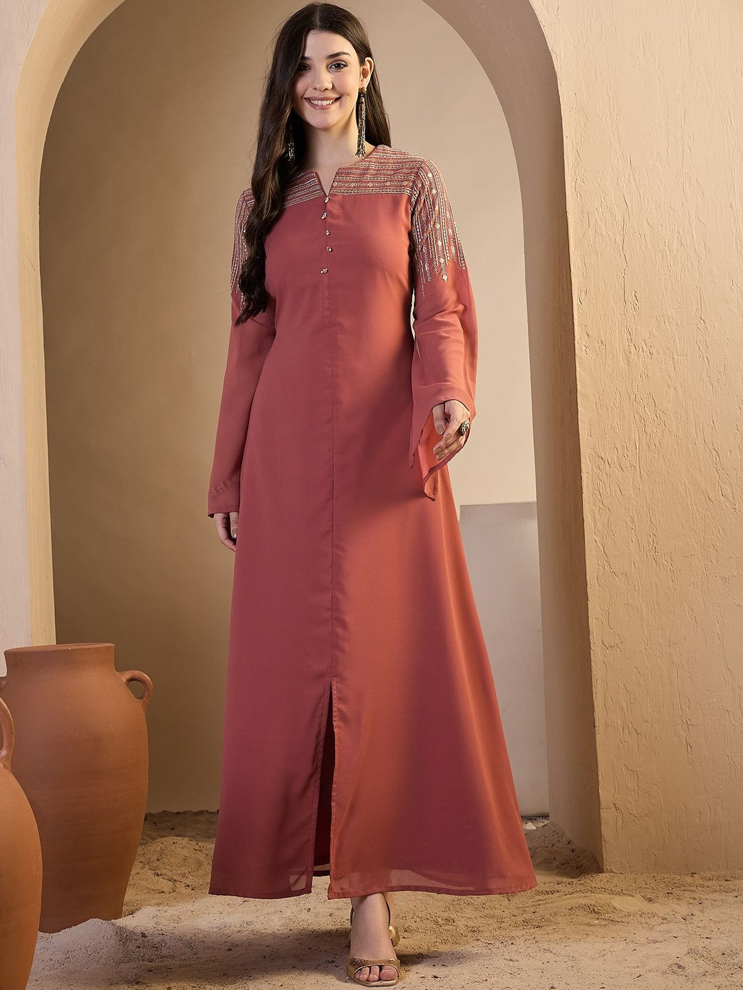 Inddus Women Ethnic Motifs Sequinned Embroidered Ethnic Dress