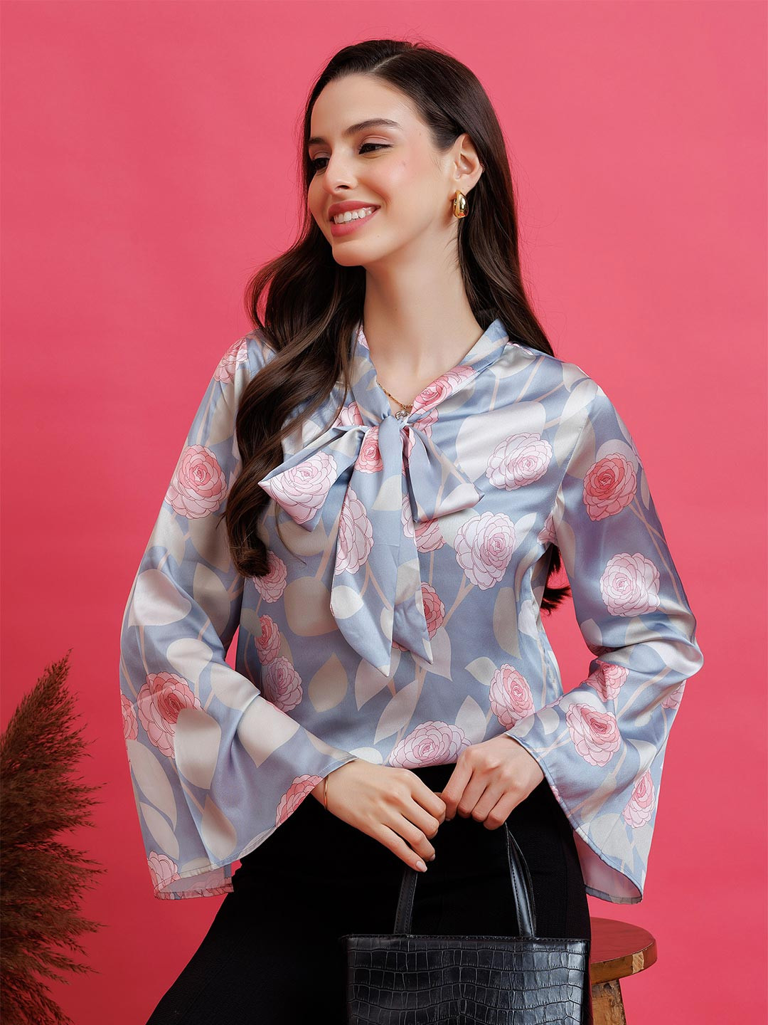 PURYS Women Floral Printed Tie-Up Neck Flared Sleeve Satin Top
