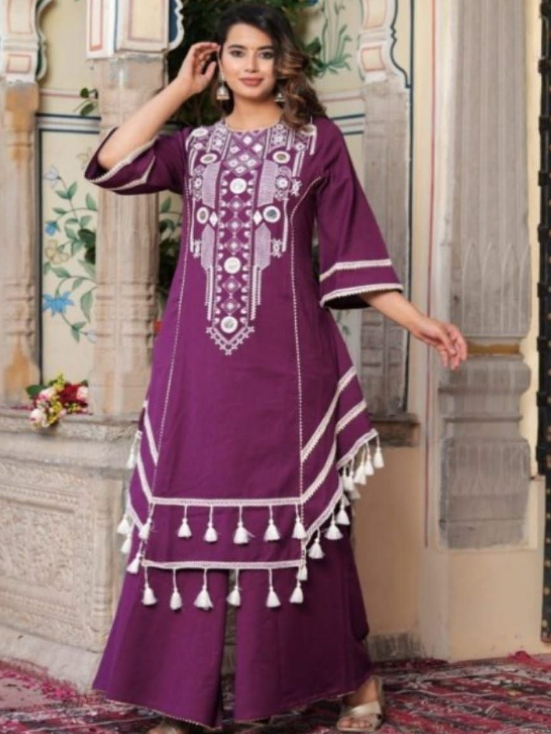 WOMENSIO Women Ethnic Motifs Embroidered Regular Thread Work Kurta with Palazzos