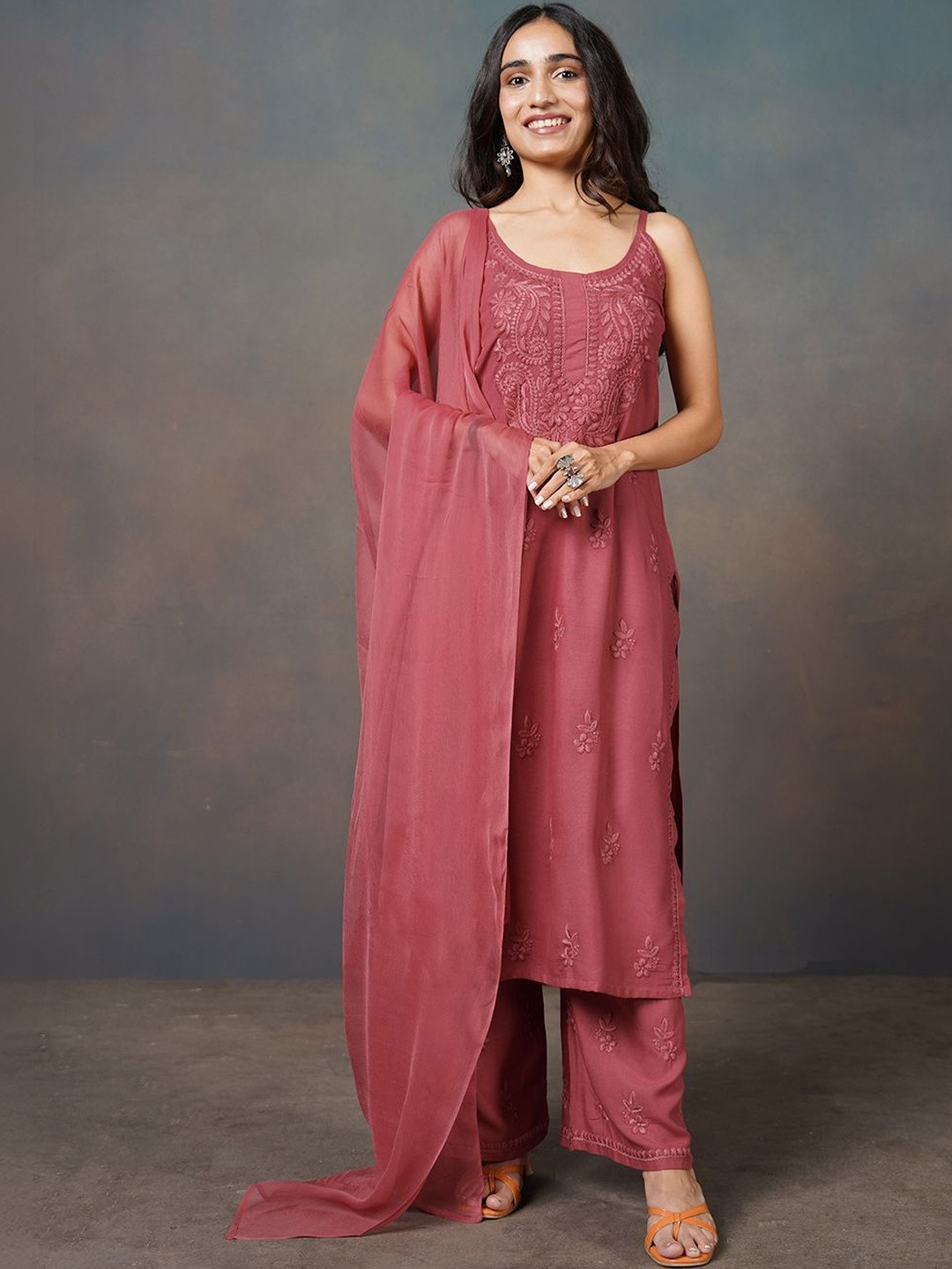 colorkosh Embroidered Chikankari Kurta Palazzo Set With Dupatta