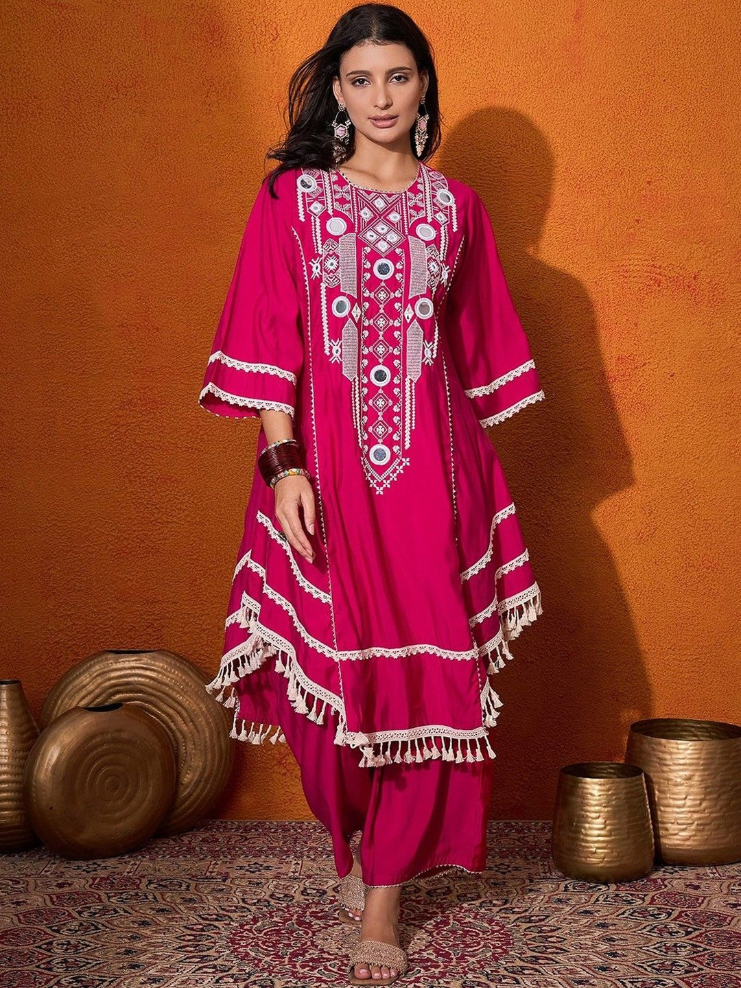 WOMENSIO Women Ethnic Motifs Embroidered Regular Mirror Work Kurta with Trousers