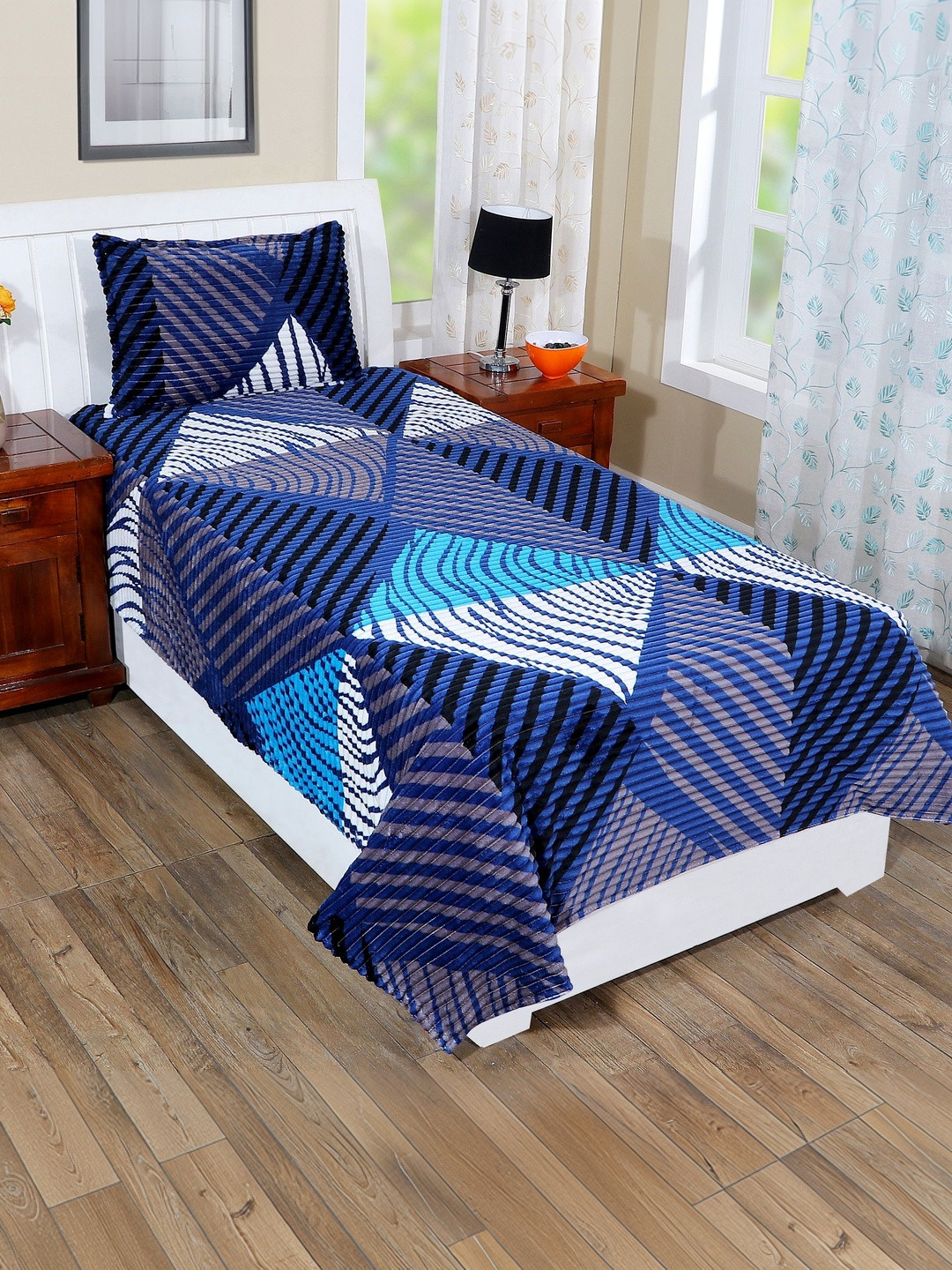 RD TREND Woolen Blue 300 TC Single Bedsheet with Pillow Cover