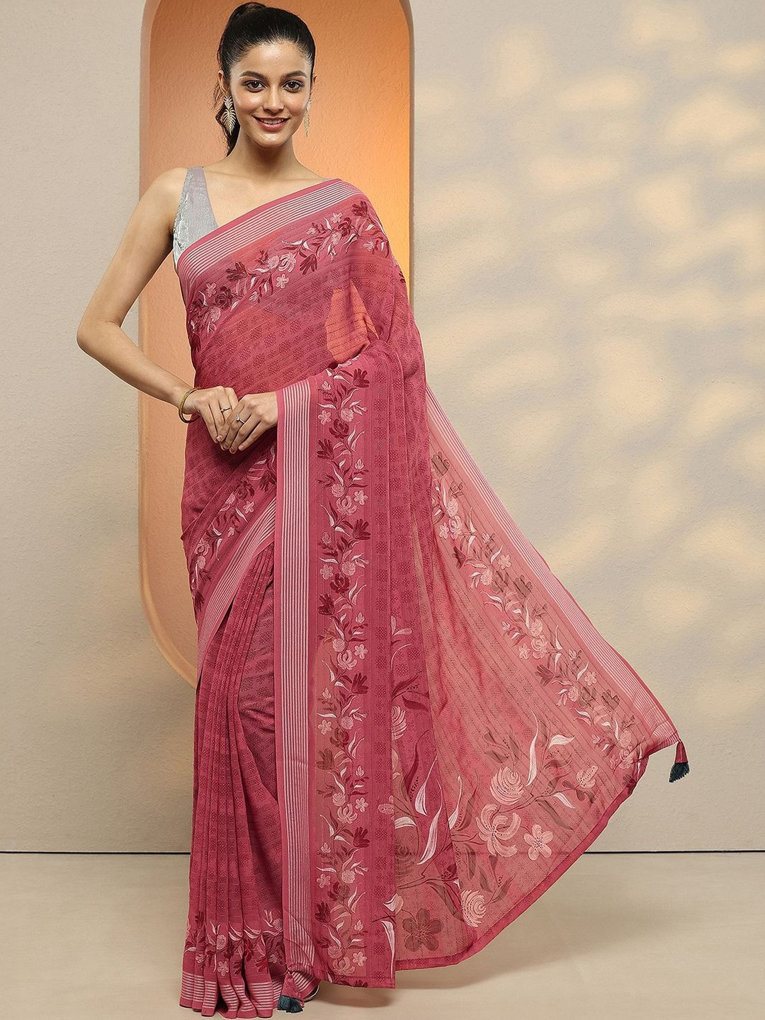 Libas Pink Printed Georgette Saree With Unstitched Blouse Piece