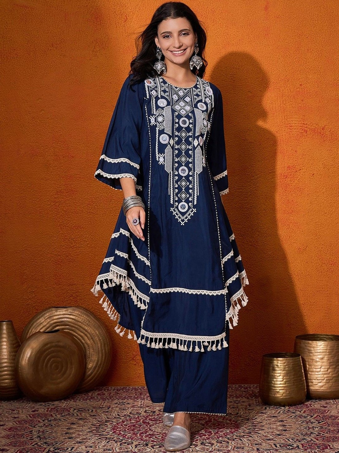 WOMENSIO Women Ethnic Motifs Embroidered Tiered Mirror Work Kurta with Trousers
