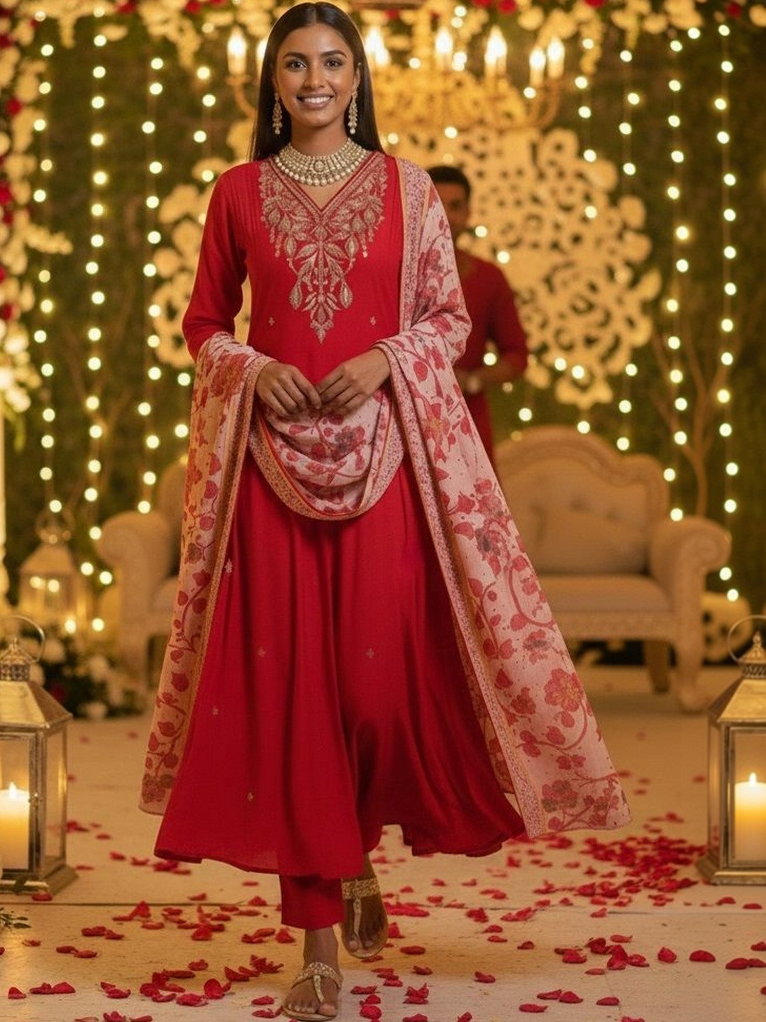 KALINI Women Floral Embroidered Panelled Thread Work Kurta with Trousers & With Dupatta