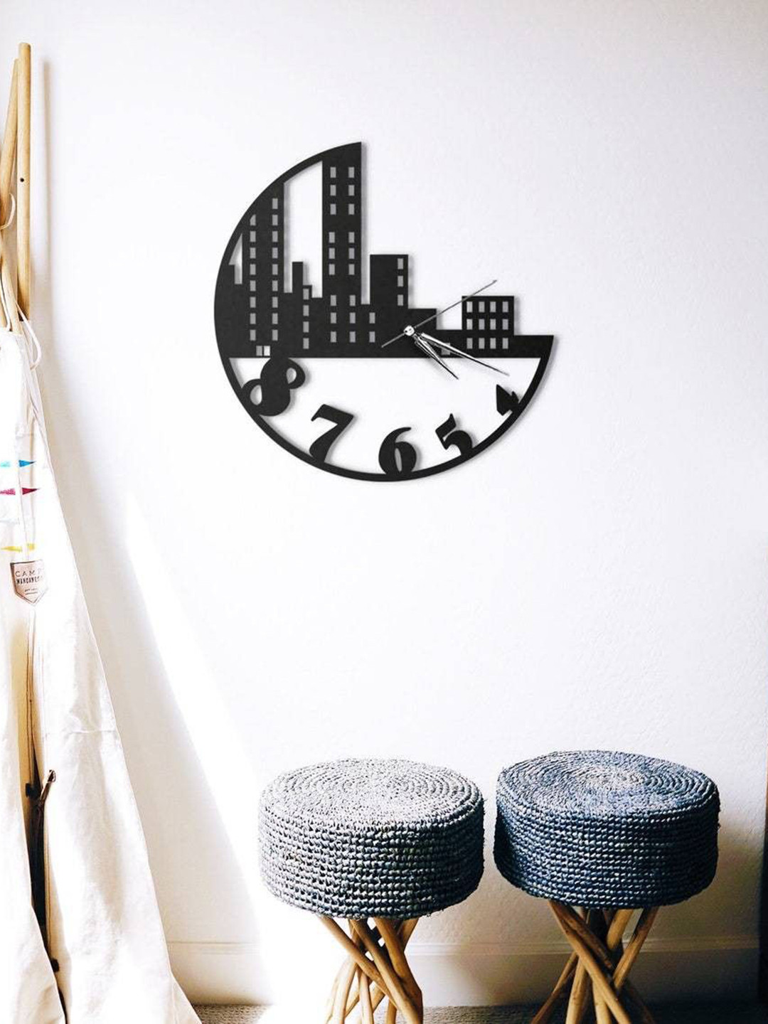 QEZNEF Black Graphic Printed Abstract Shaped Analogue Contemporary Wooden Wall Clock