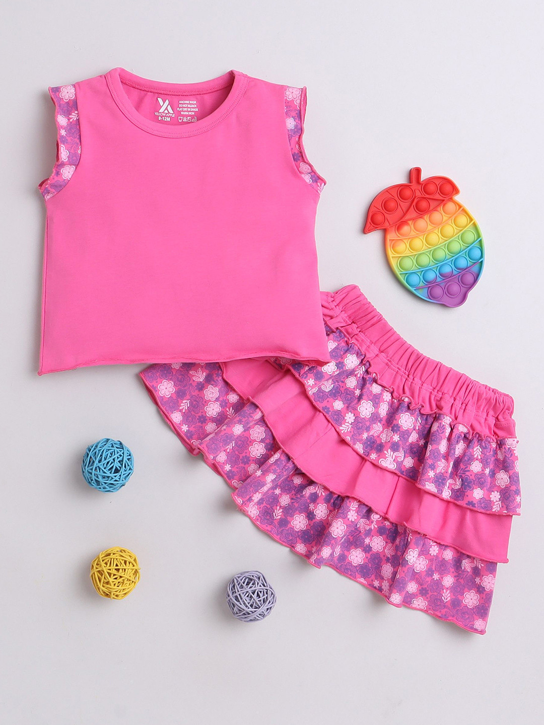 Yellow Apple Girls Printed Cotton Top With Skirt