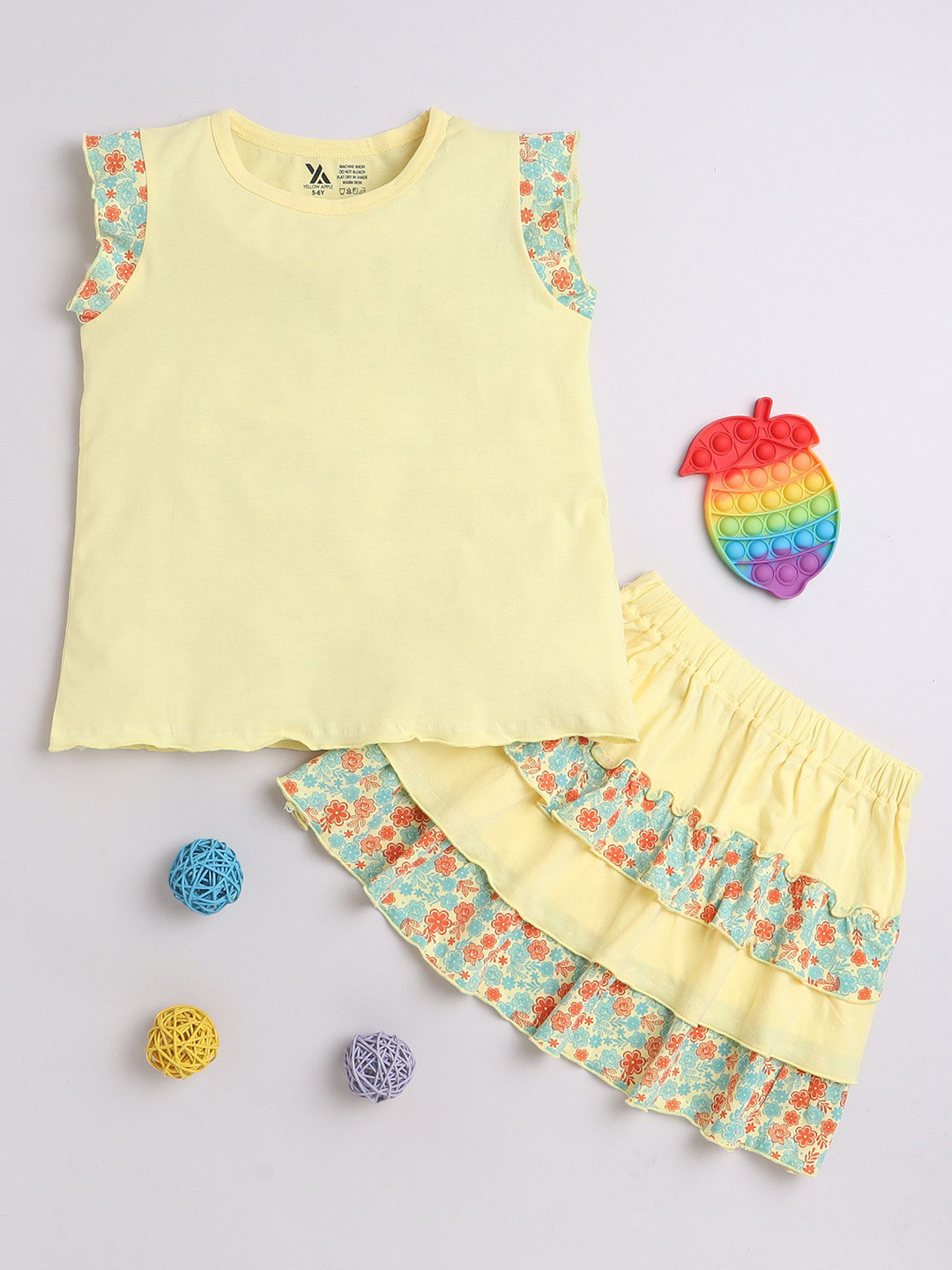 Yellow Apple Girls Printed Short Sleeves Cotton Top With Skirt