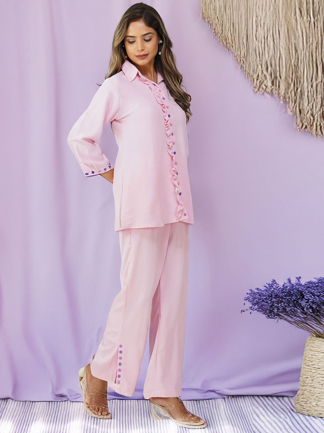 Bindigasm Phoolmati Embroidered Shirt Collar Shirt With Palazzos