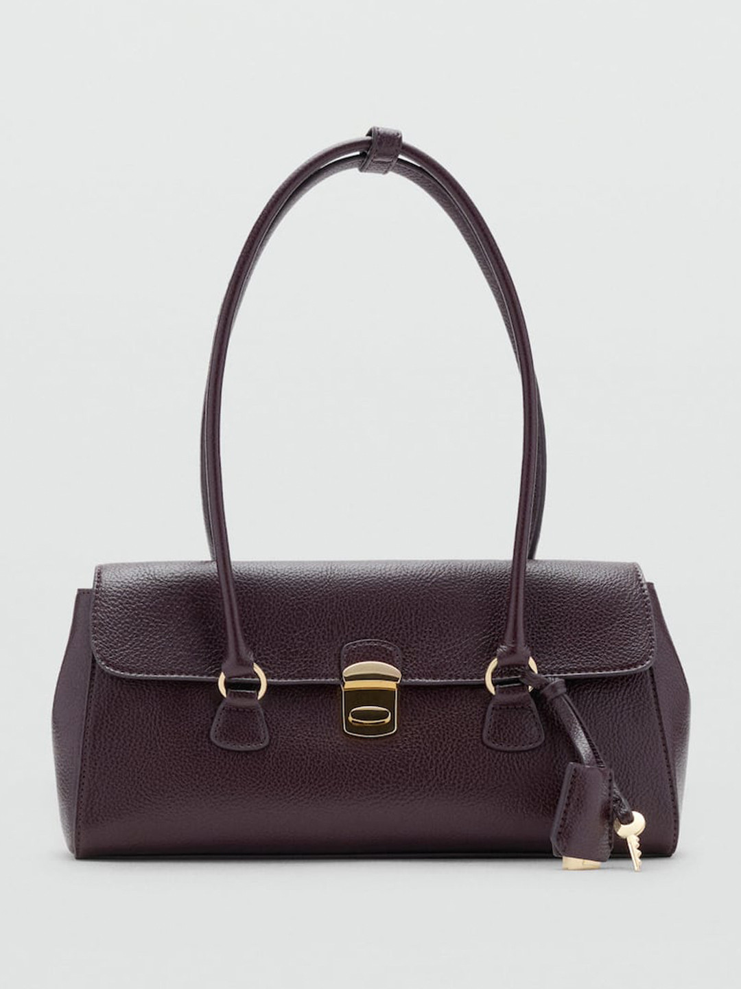 MANGO Textured Baguette Shoulder Bag with Key Chain