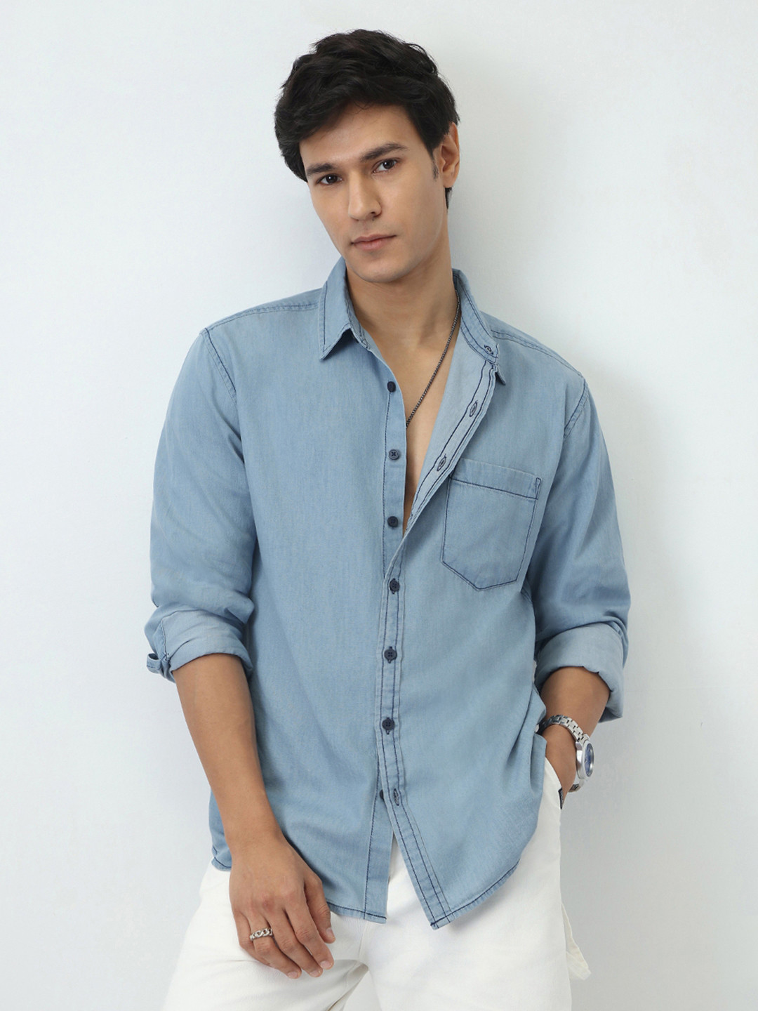 Urbano Fashion Men Ice Blue Regular Fit Full Sleeve Solid Denim Shirt